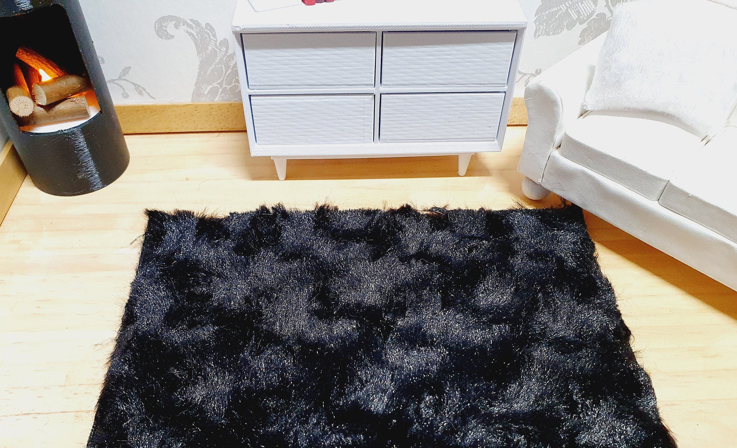 Dolls House Black Soft Fur Rug | 1:12th Scale | Miniature Rug