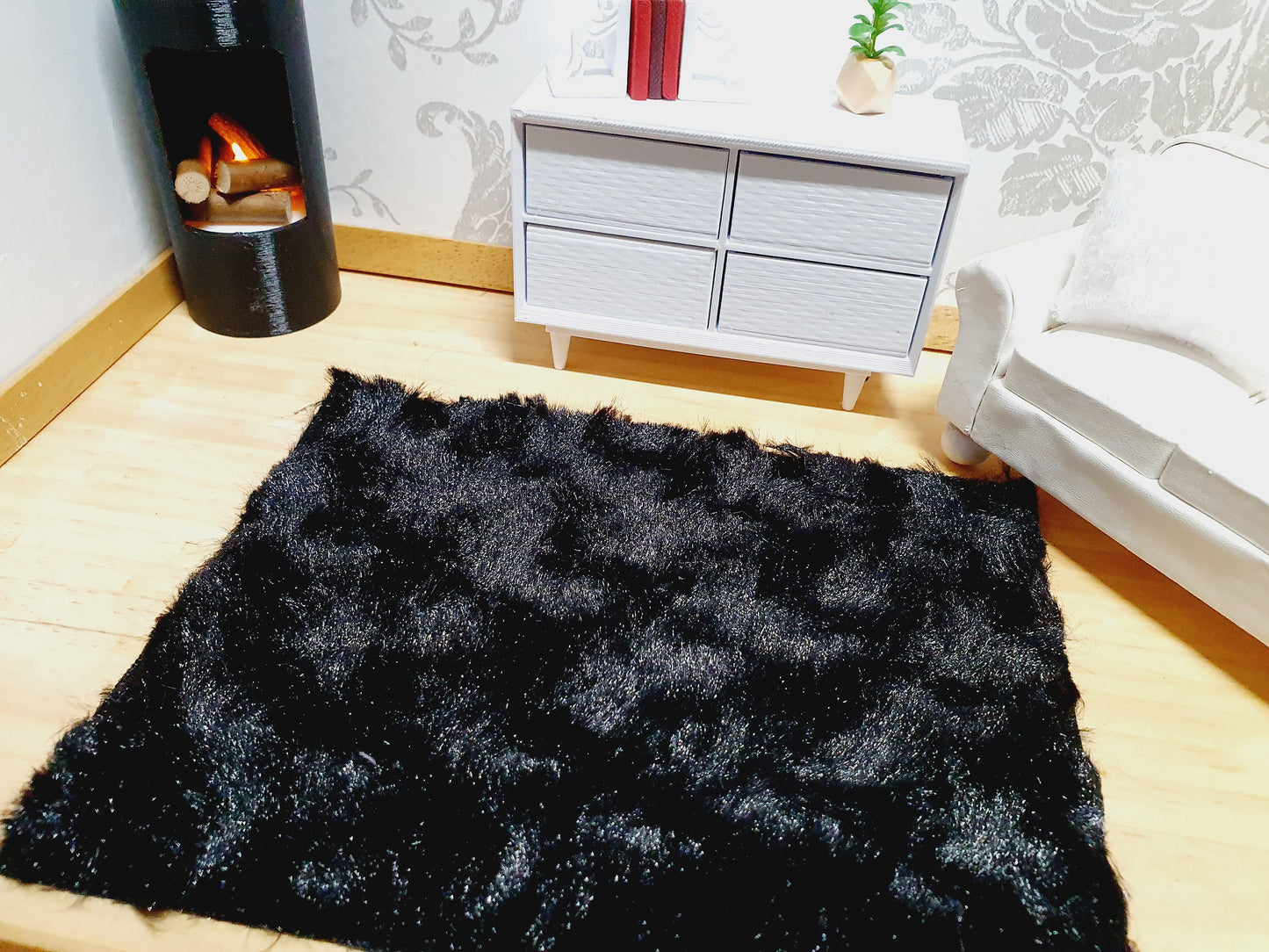 Dolls House Black Soft Fur Rug | 1:12th Scale | Miniature Rug
