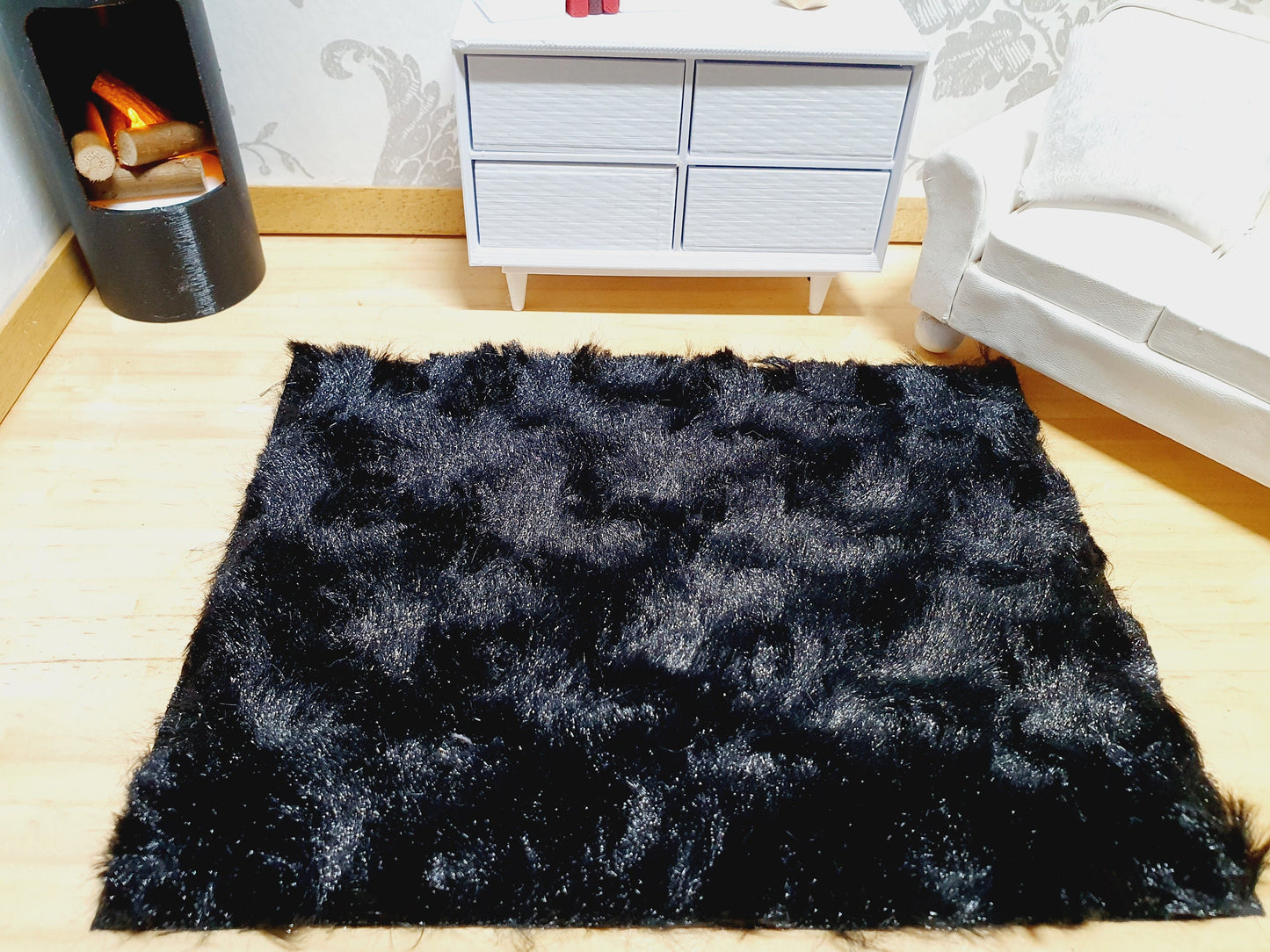 Dolls House Black Soft Fur Rug | 1:12th Scale | Miniature Rug