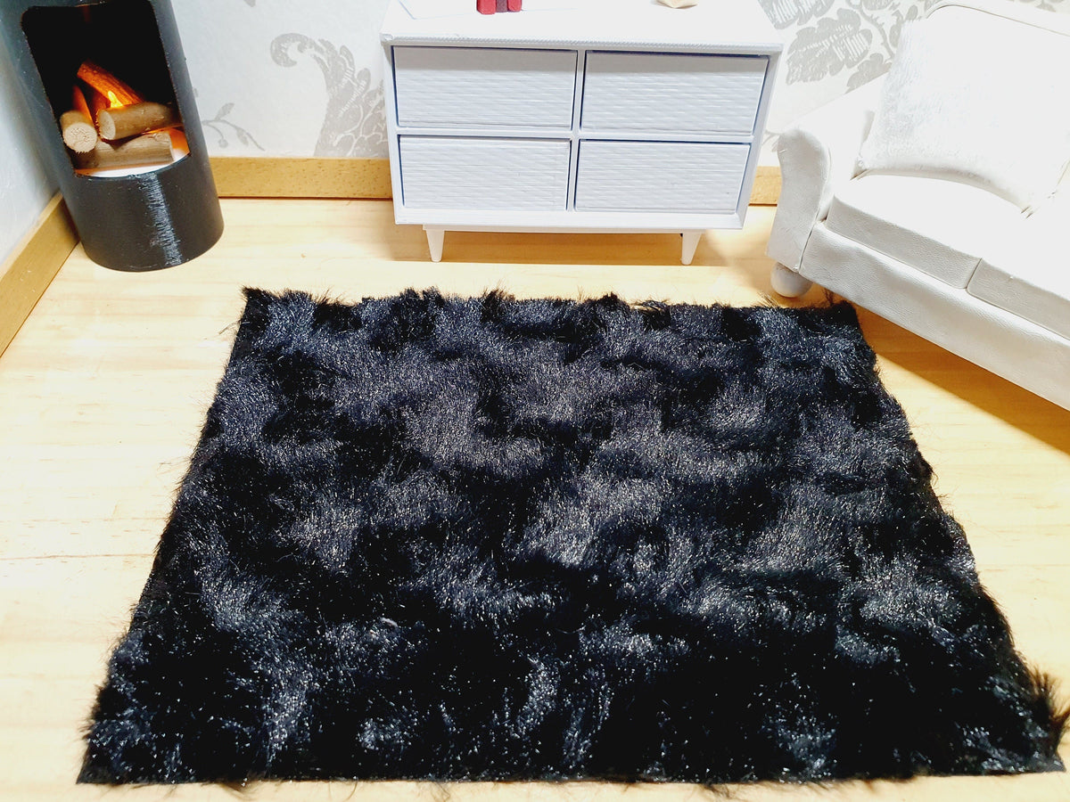 Dolls House Black Soft Fur Rug | 1:12th Scale | Miniature Rug
