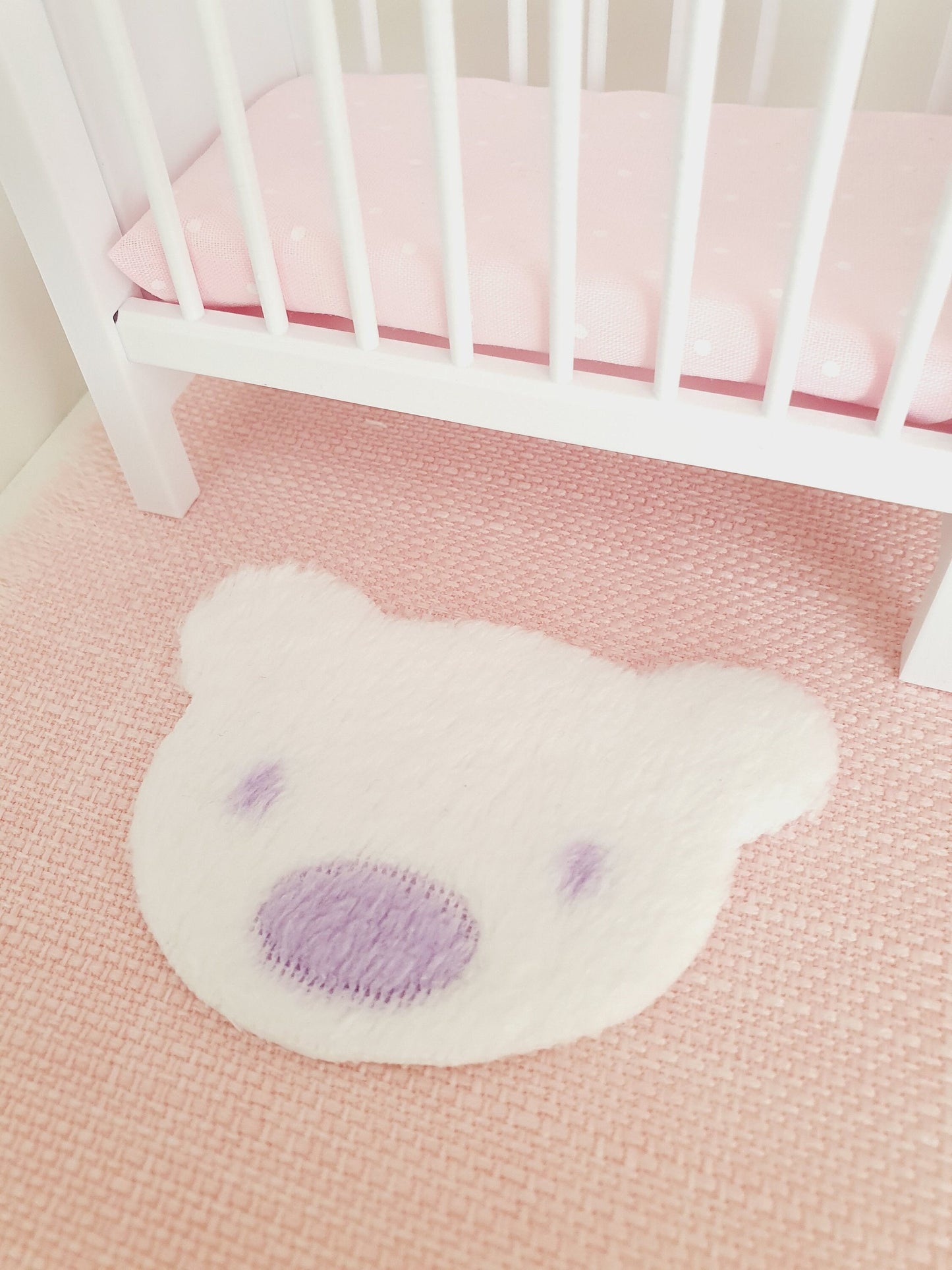 Dolls House Fur Teddy Bear Rug | White with a Lilac Nose | 1:12th Scale | Miniature rug