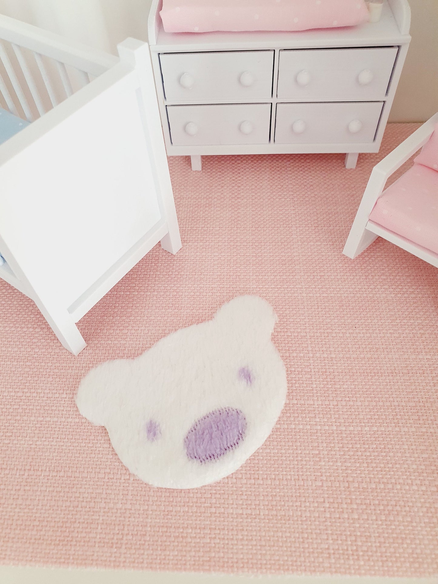 Dolls House Fur Teddy Bear Rug | White with a Lilac Nose | 1:12th Scale | Miniature rug