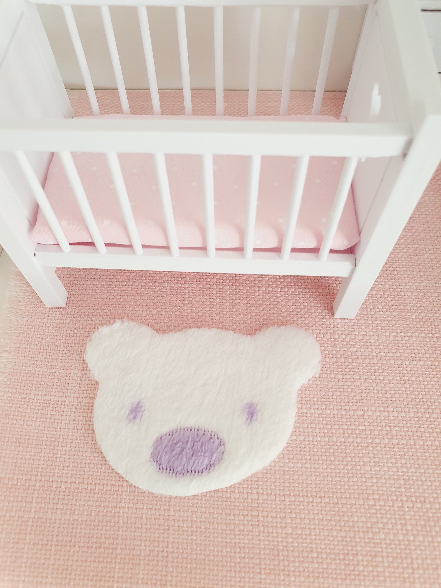 Dolls House Fur Teddy Bear Rug | White with a Lilac Nose | 1:12th Scale | Miniature rug