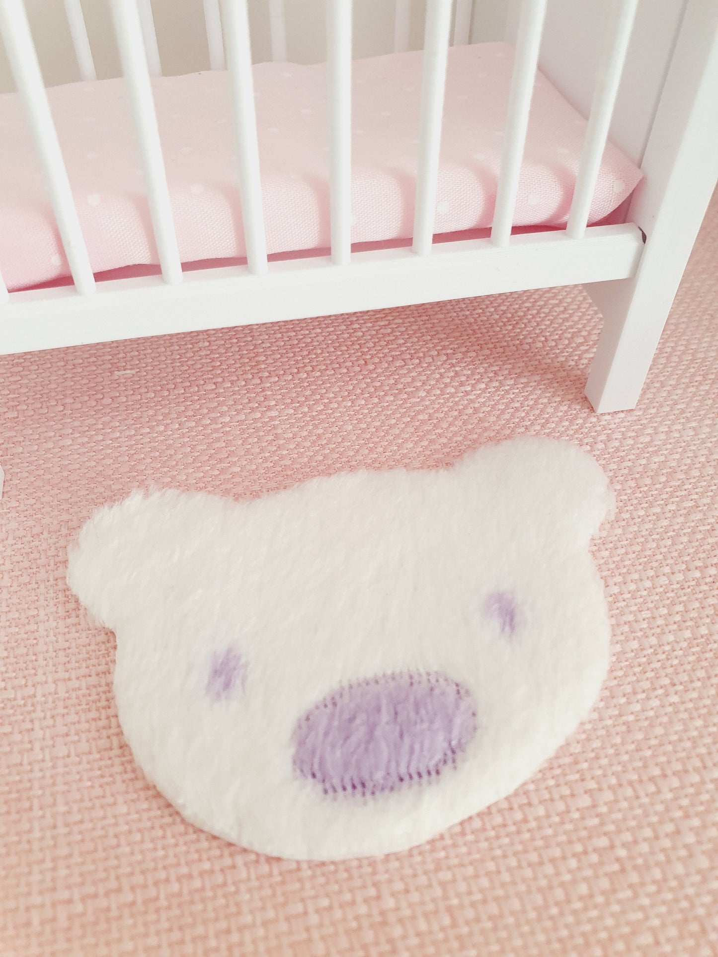 Dolls House Fur Teddy Bear Rug | White with a Lilac Nose | 1:12th Scale | Miniature rug
