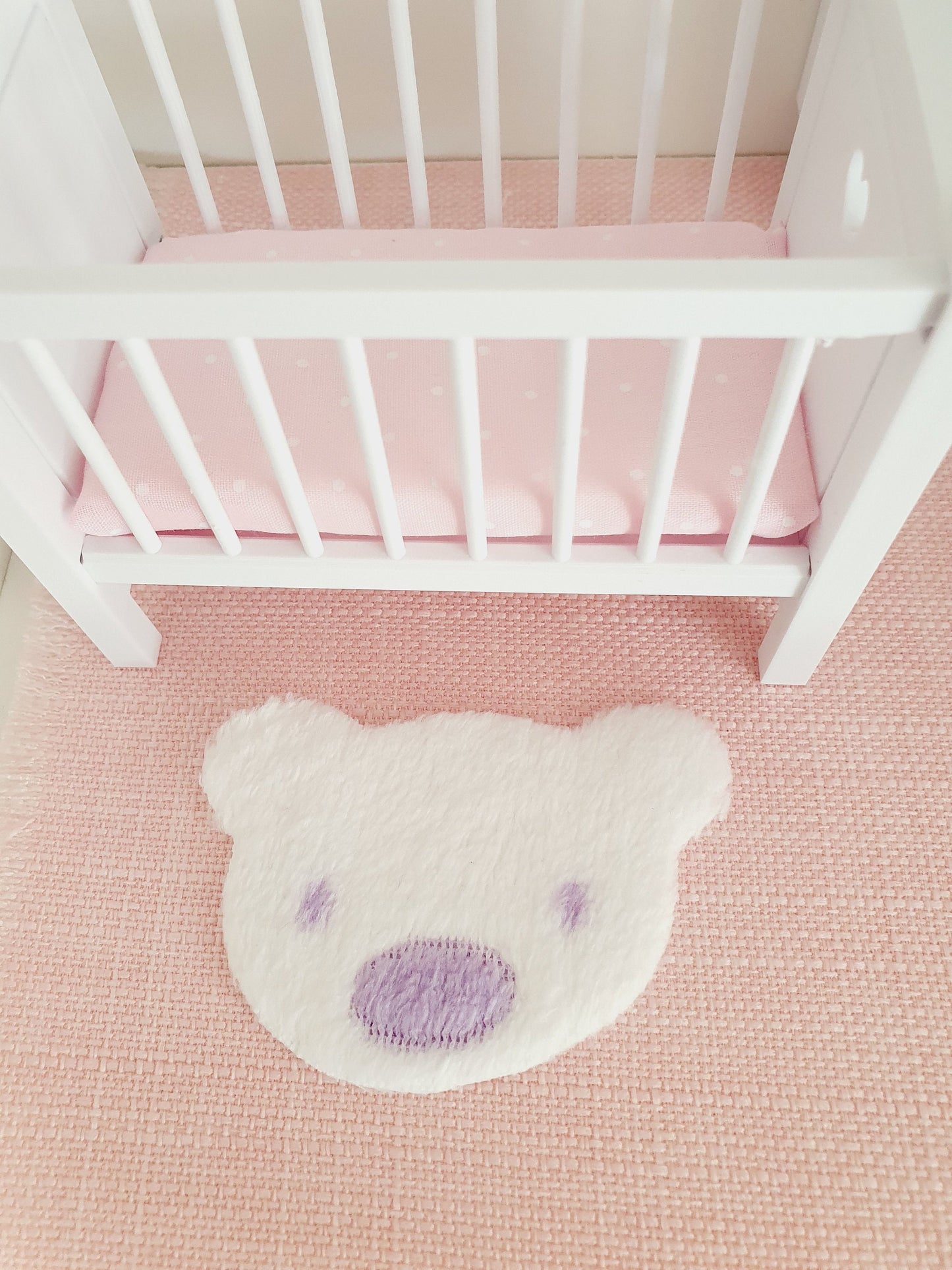 Dolls House Fur Teddy Bear Rug | White with a Lilac Nose | 1:12th Scale | Miniature rug