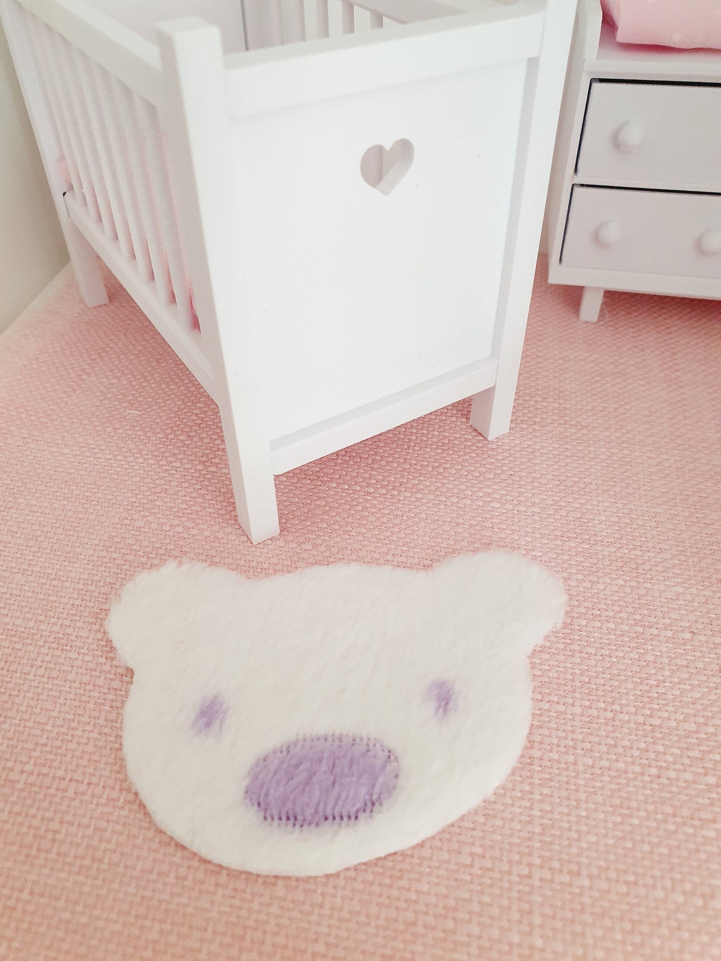 Dolls House Fur Teddy Bear Rug | White with a Lilac Nose | 1:12th Scale | Miniature rug