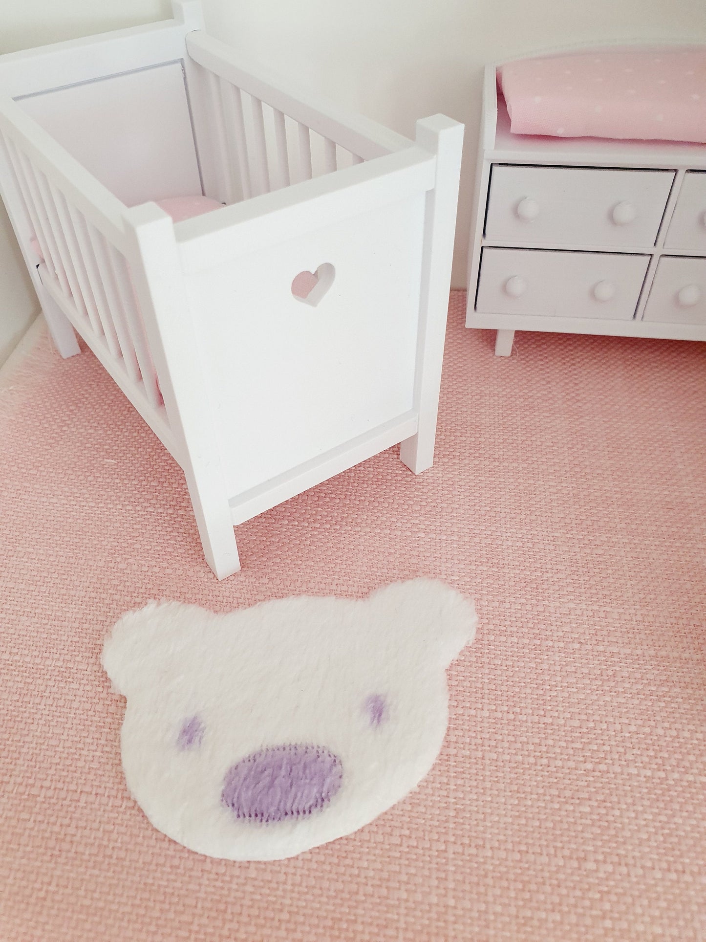 Dolls House Fur Teddy Bear Rug | White with a Lilac Nose | 1:12th Scale | Miniature rug