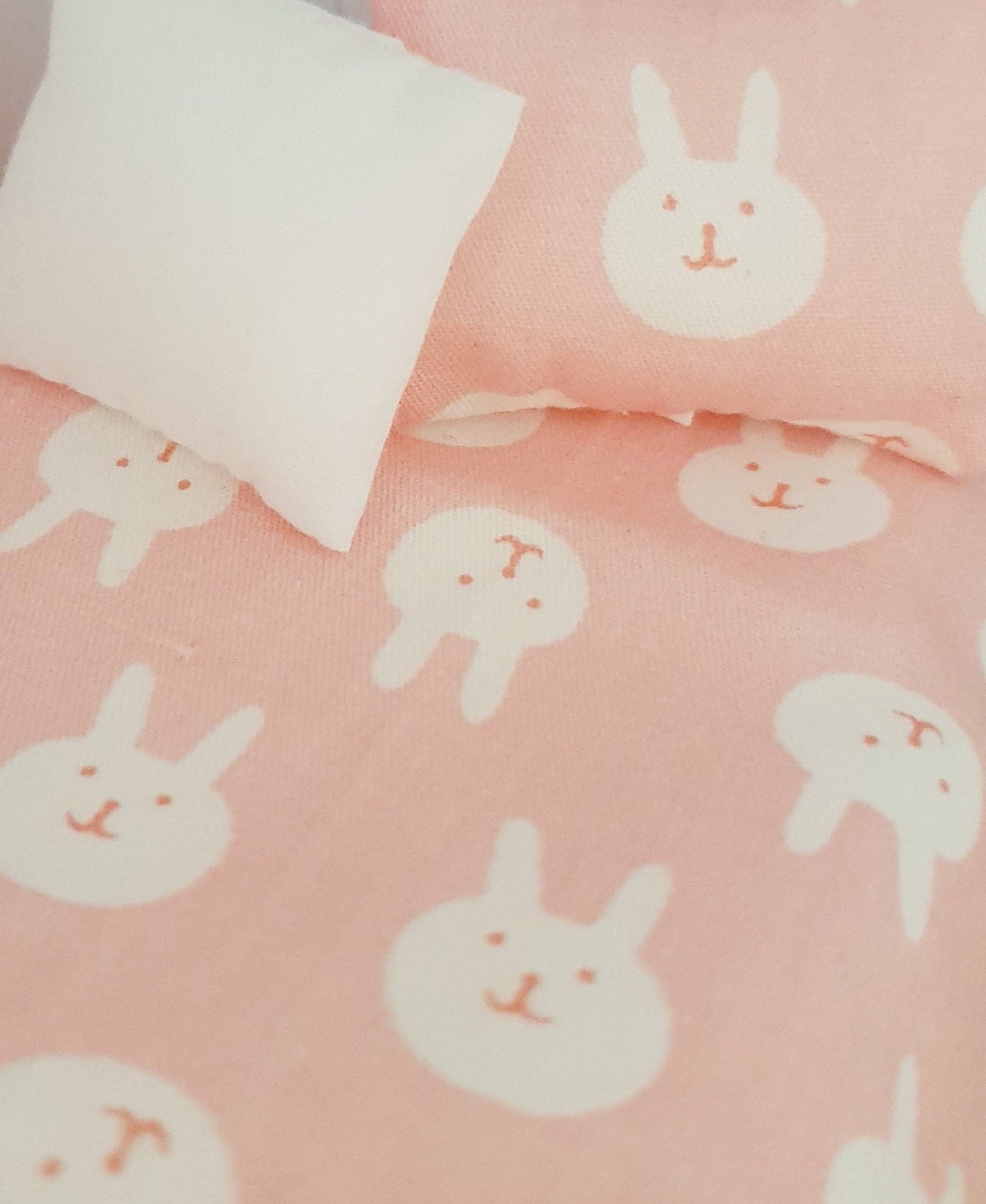 Dolls House Junior Bedding Set – Pink with White Rabbits, Handmade in England, 1:12 Scale
