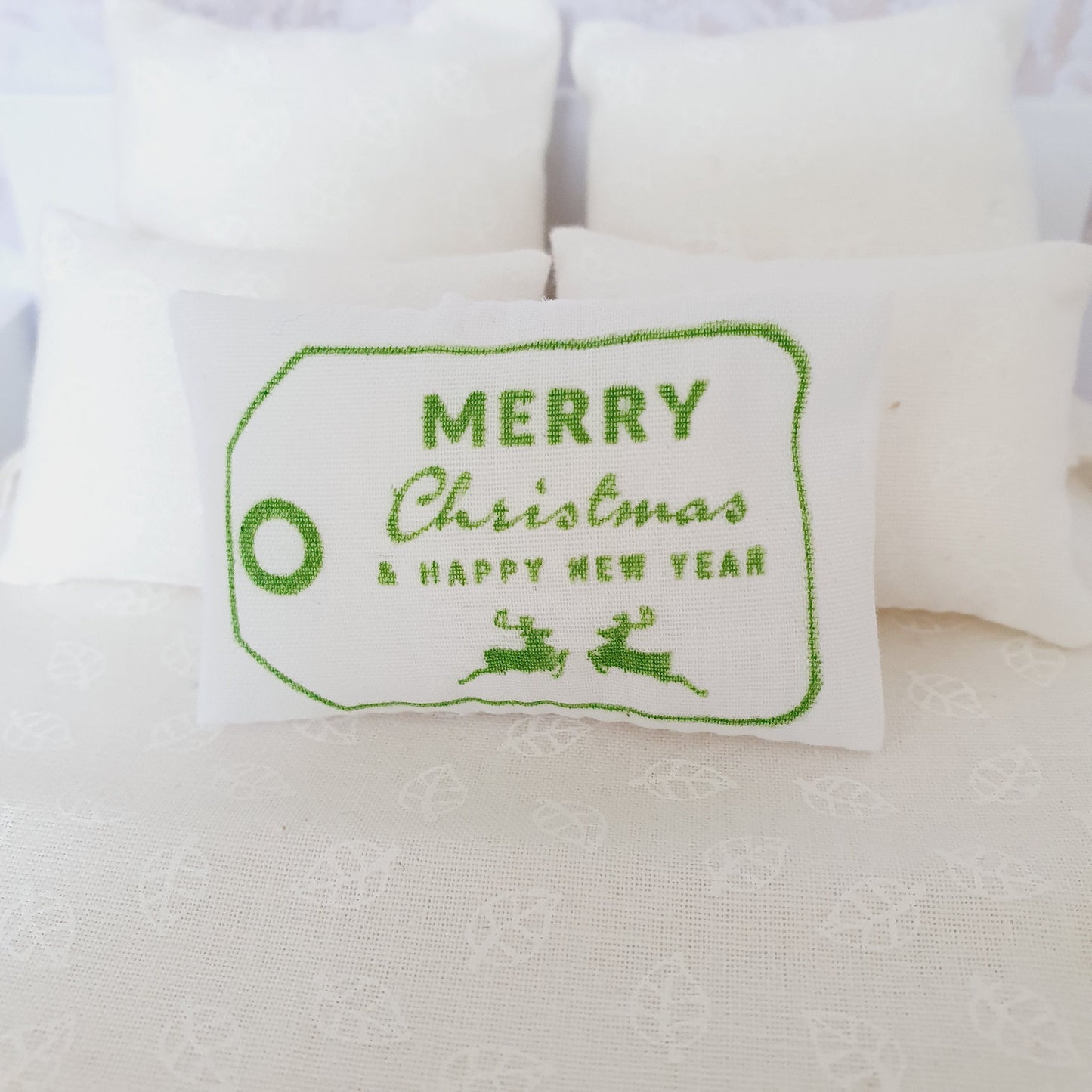 Dolls House Christmas Reindeer Cushion, Green and White, 12th scale cushions, miniature cushion
