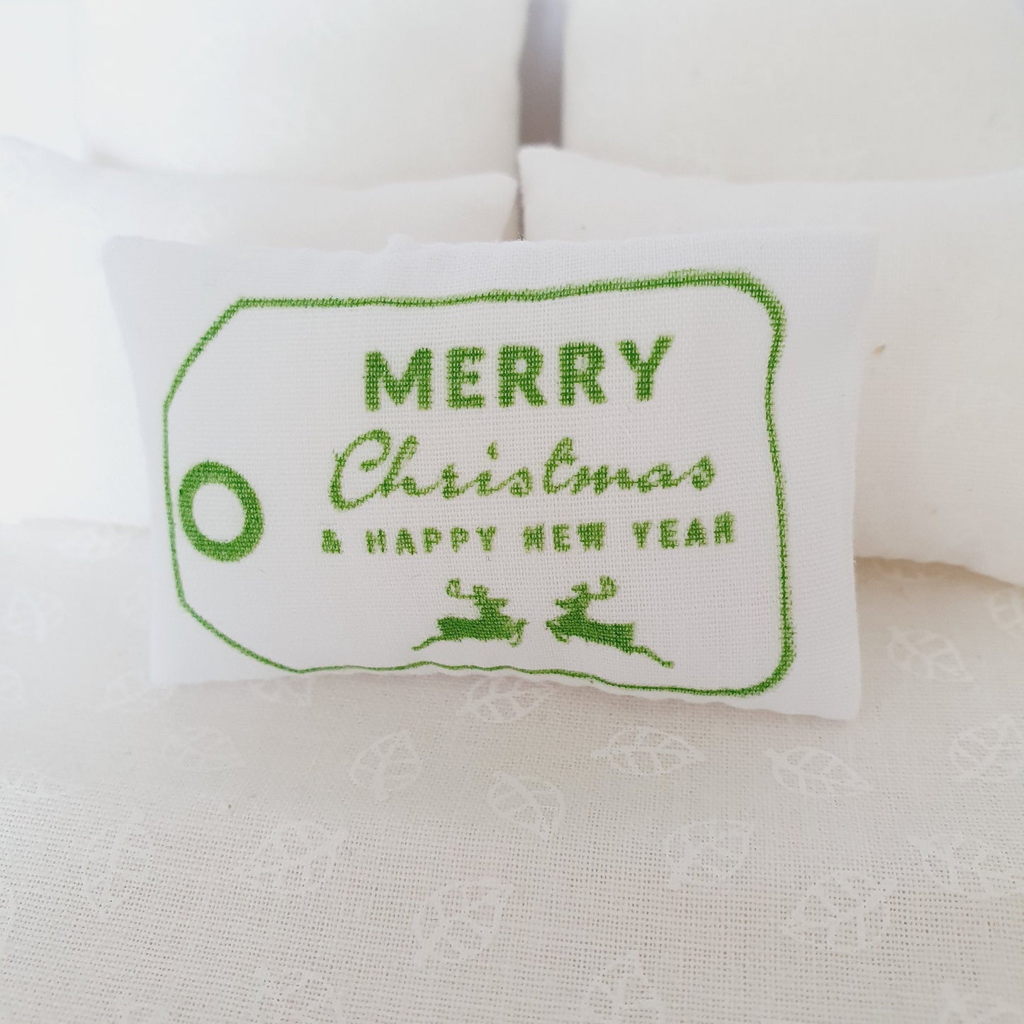 Dolls House Christmas Reindeer Cushion, Green and White, 12th scale cushions, miniature cushion