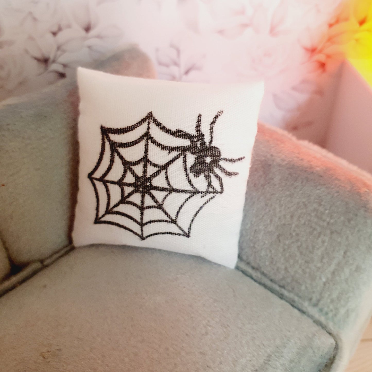 Dolls house 1x Halloween spider's web Cushion, 12th scale cushions, miniature cushion, Halloween, spider