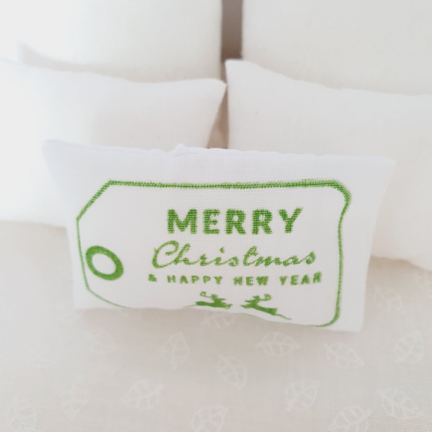 Dolls House Christmas Reindeer Cushion, Green and White, 12th scale cushions, miniature cushion