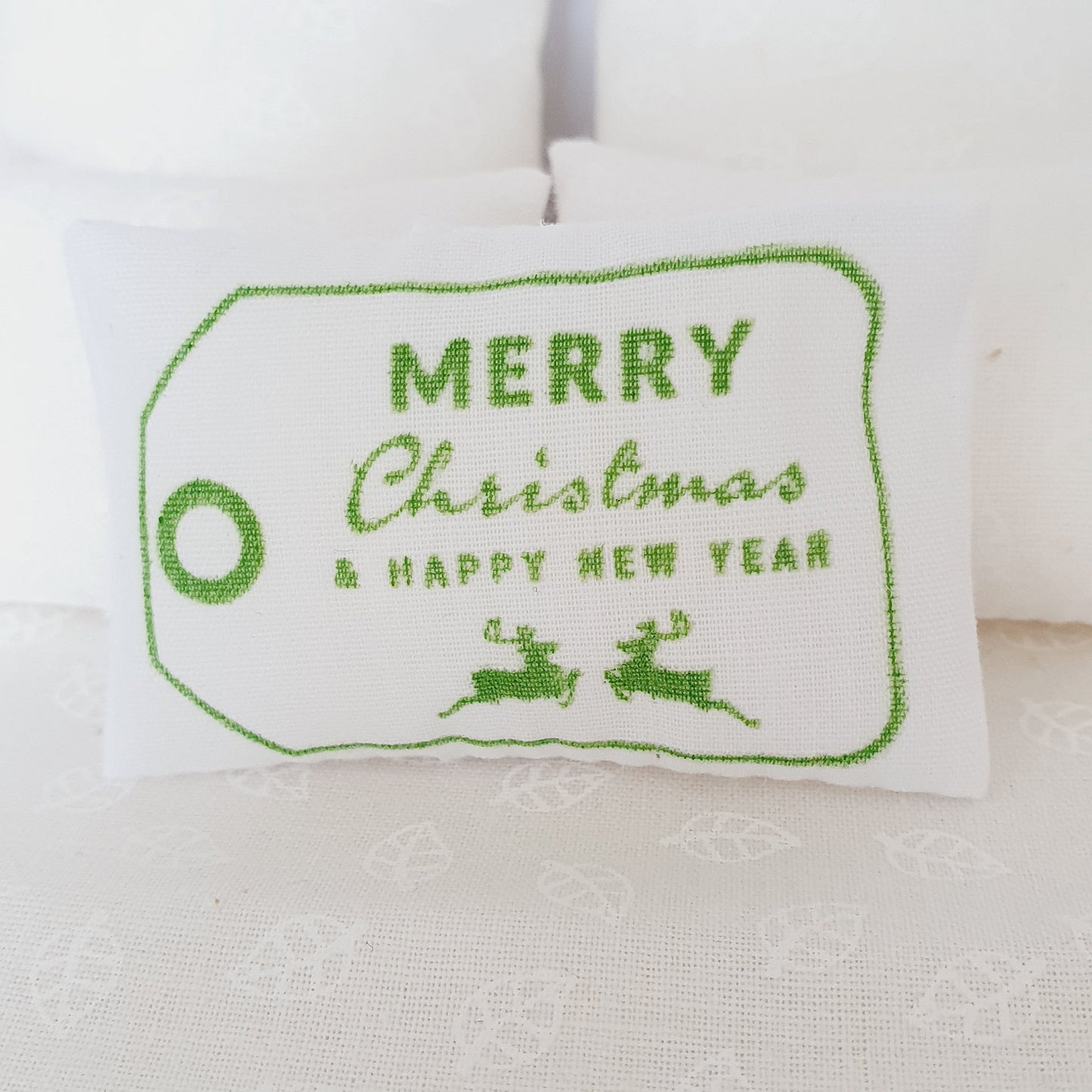 Dolls House Christmas Reindeer Cushion, Green and White, 12th scale cushions, miniature cushion