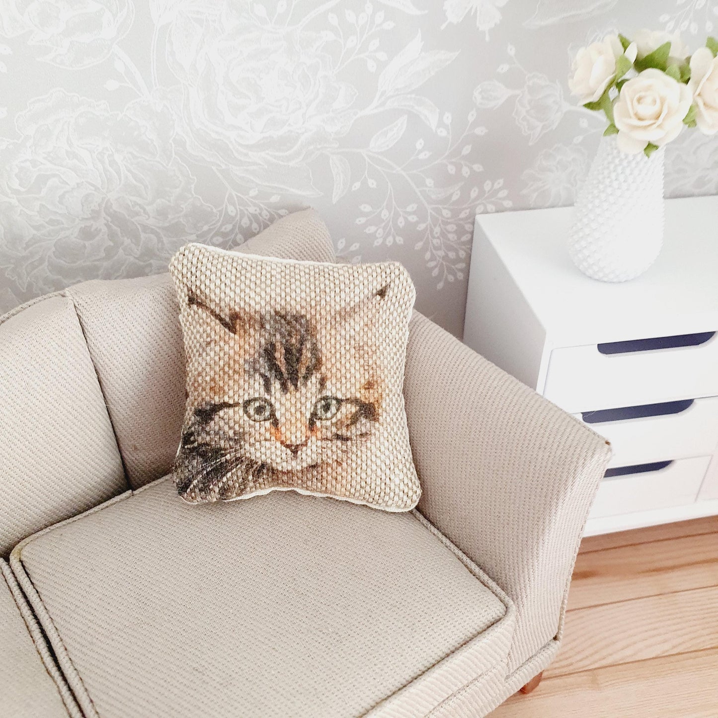 Dolls house 1x Cat cushion, Cute cat cushion, 12th scale cushions, miniature cushion