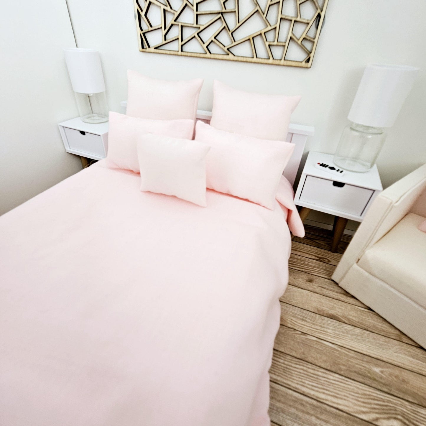 Dolls House Pale Pink Double bedding set, 6 piece set, 12th scale, miniature bedding