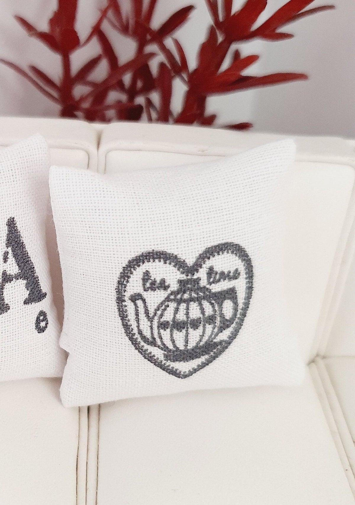 Dolls house Tea Time Cushion Pair, 12th scale cushions, miniature cushions