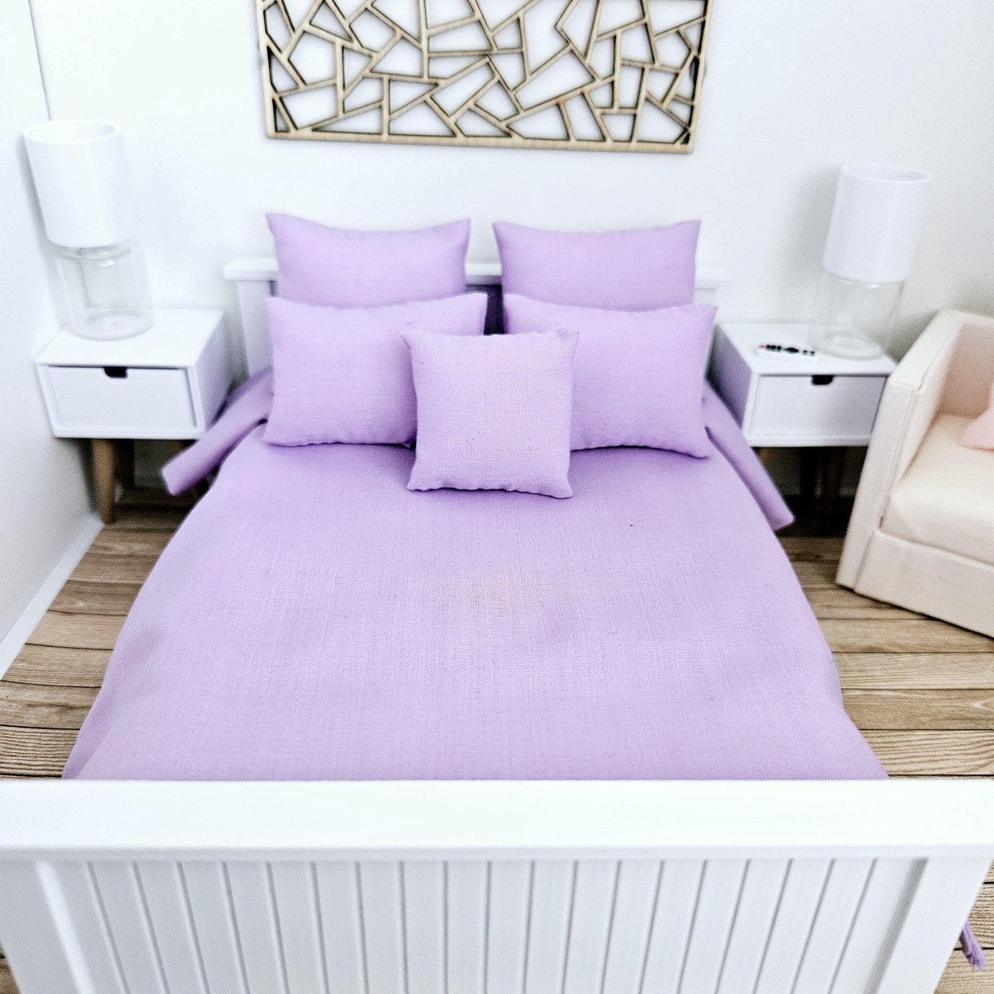 Dolls House Double bedding set, 6 piece set, Choice of Colours, 12th scale, miniature bedding
