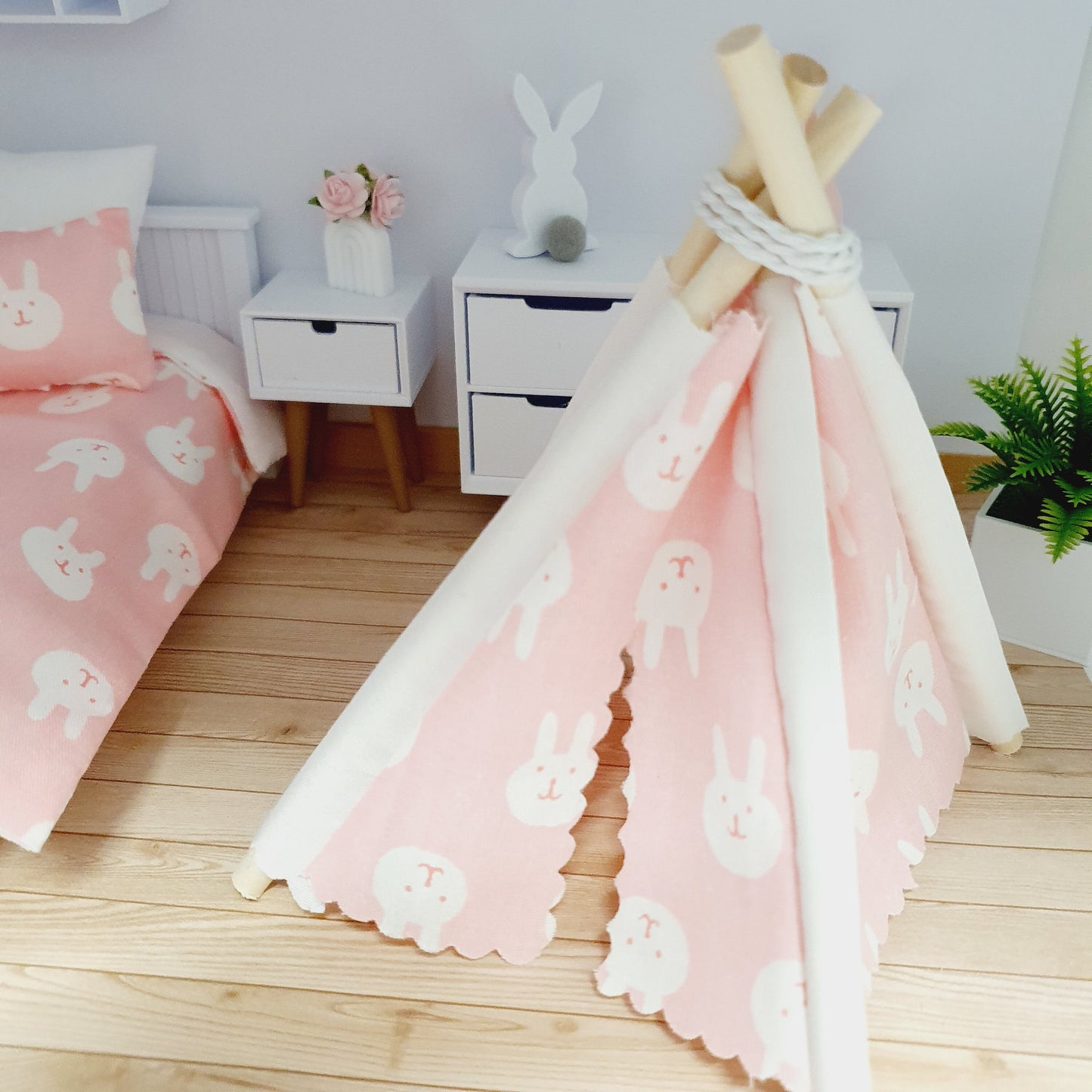 Dolls house Cute Easter Pink with white rabbits Mouse Teepee, 12th scale tent, miniature teepee