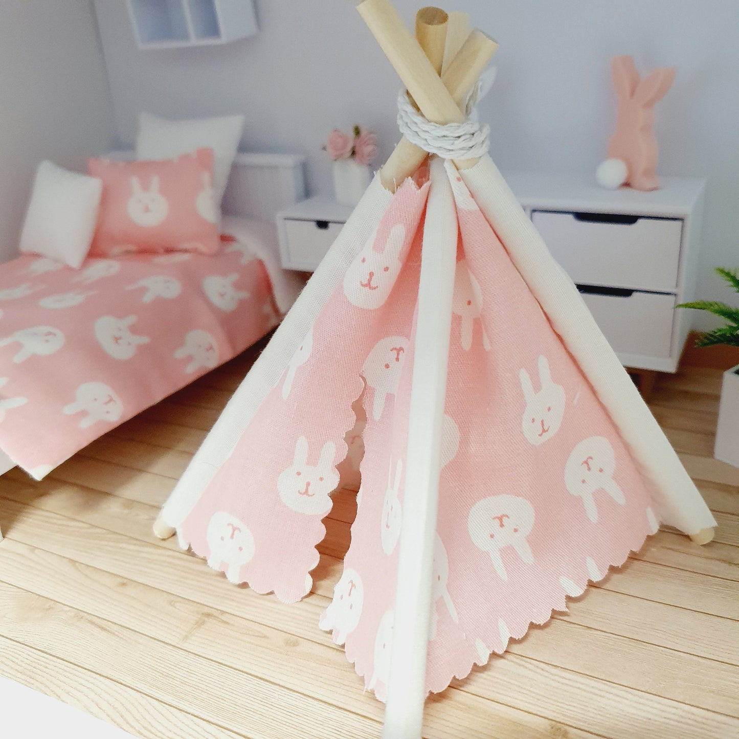 Dolls house Cute Easter Pink with white rabbits Mouse Teepee, 12th scale tent, miniature teepee