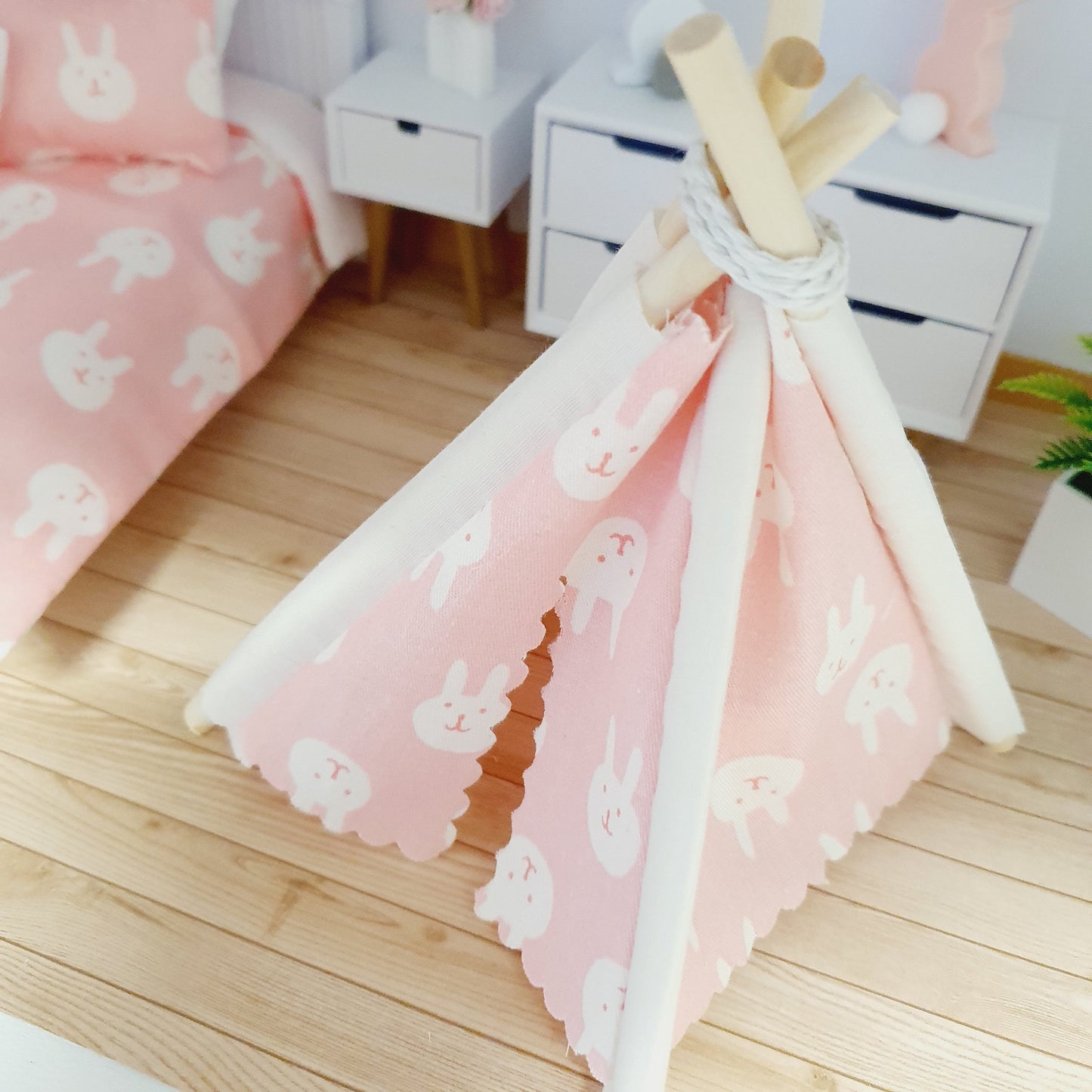 Dolls house Cute Easter Pink with white rabbits Mouse Teepee, 12th scale tent, miniature teepee