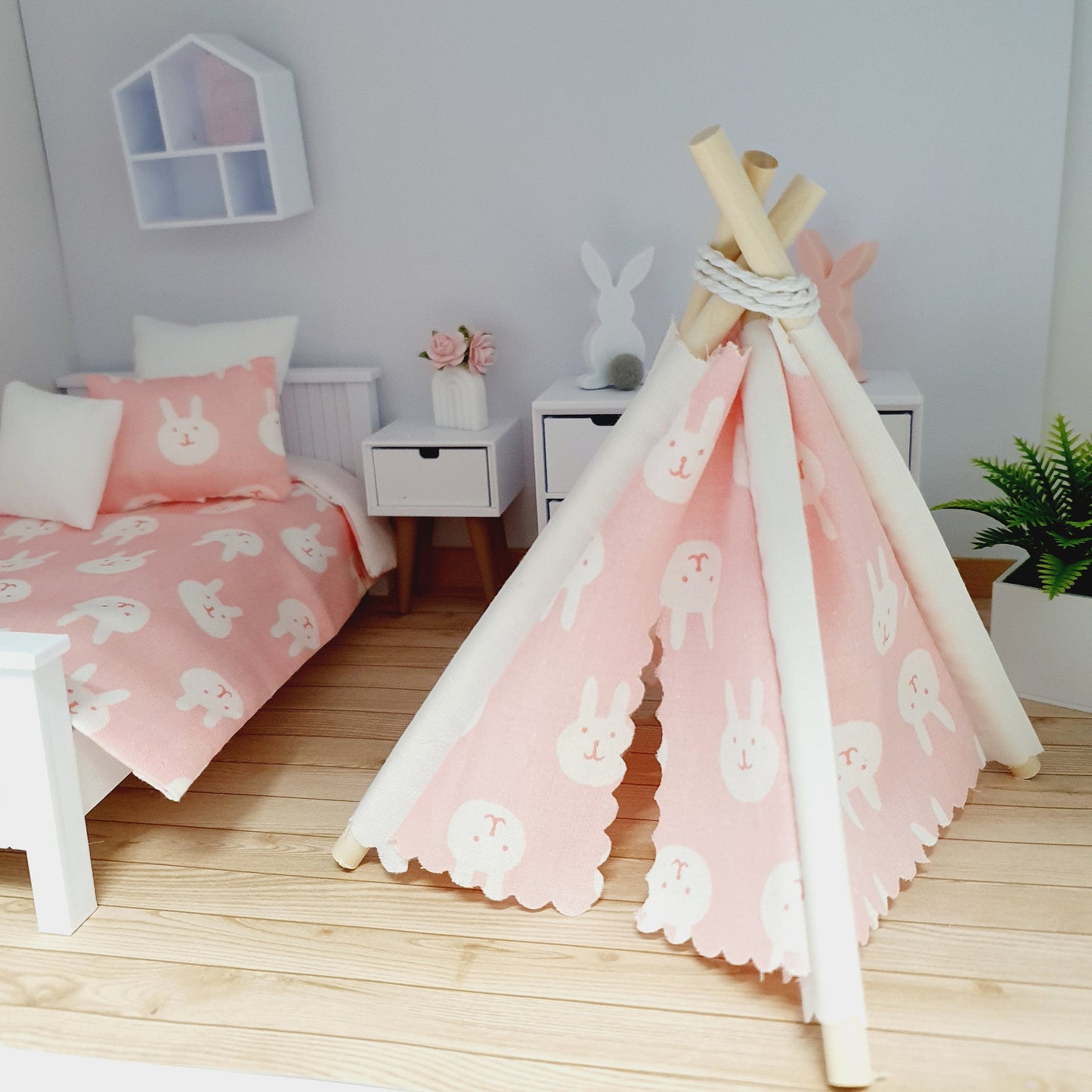Dolls house Cute Easter Pink with white rabbits Mouse Teepee, 12th scale tent, miniature teepee