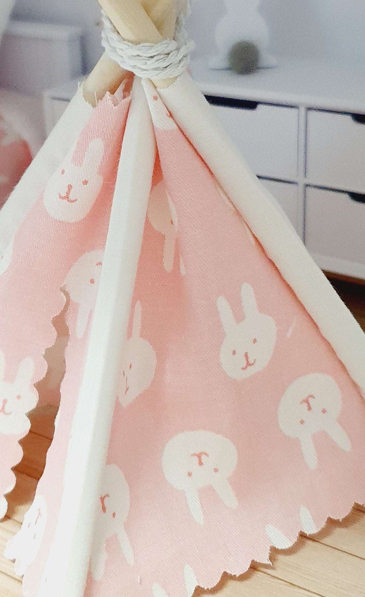 Dolls house Cute Easter Pink with white rabbits Mouse Teepee, 12th scale tent, miniature teepee