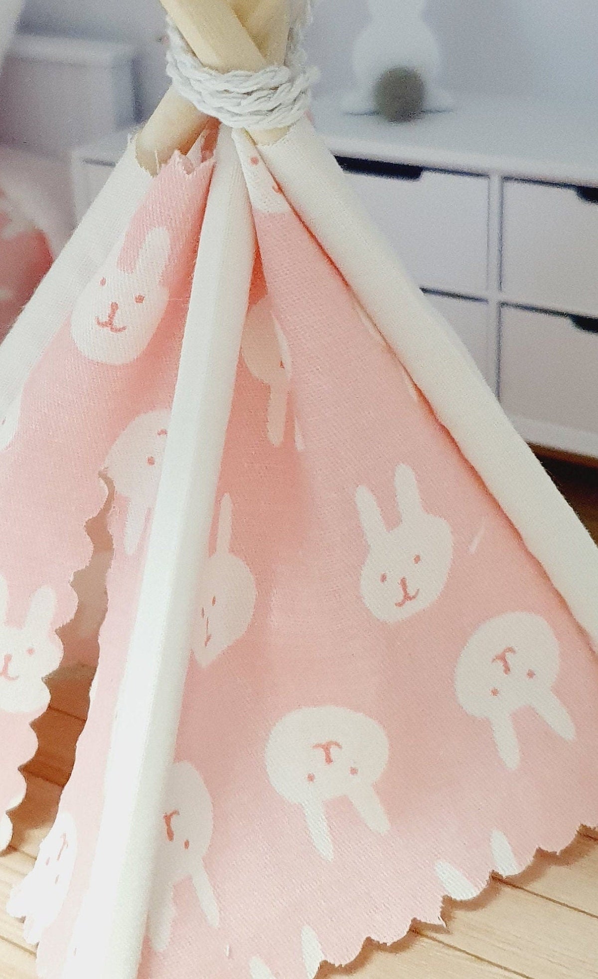 Dolls house Cute Easter Pink with white rabbits Mouse Teepee, 12th scale tent, miniature teepee