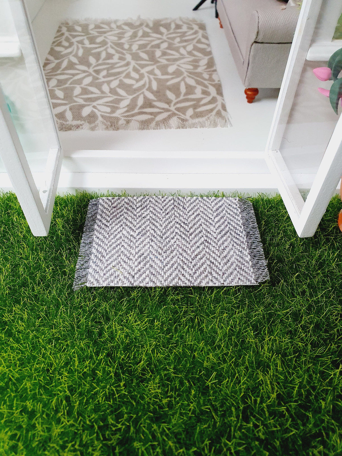 Dolls House Dark Grey Herringbone Fabric Door Mat | 1:12th Scale | Miniature mat