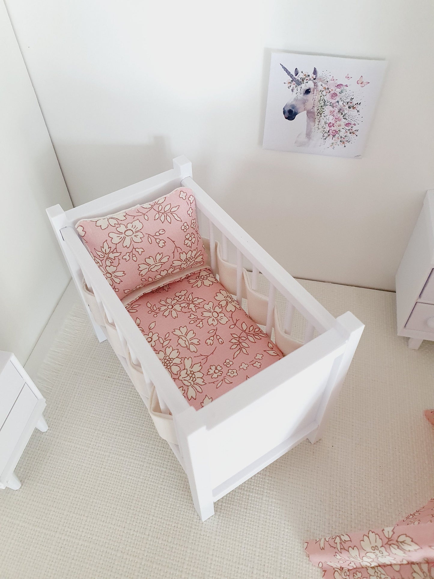 Dolls House Cot Bedding Set – Pink Capel & Cream Bumpers, Handmade in England, 1:12 Scale