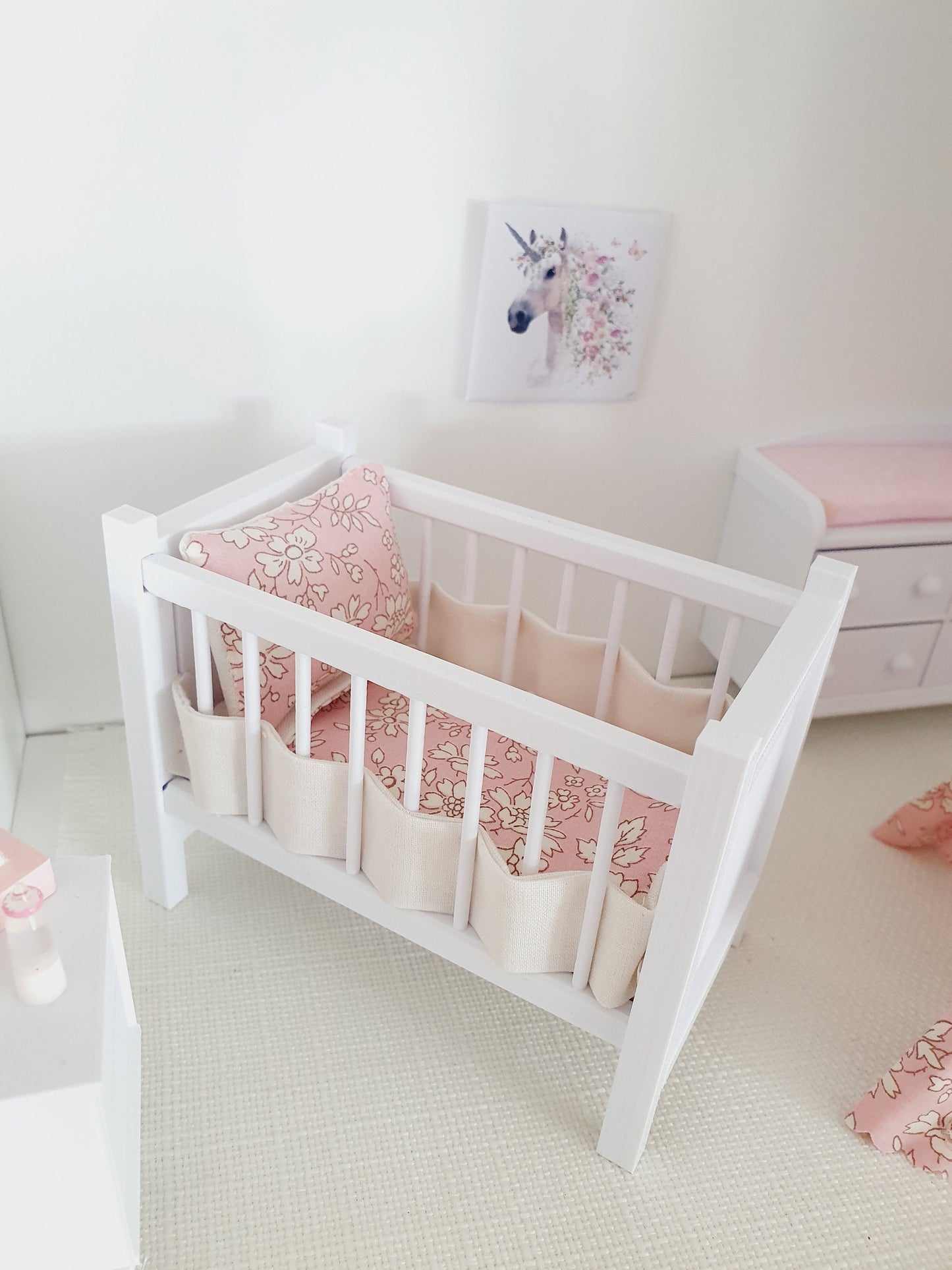 Dolls House Cot Bedding Set – Pink Capel & Cream Bumpers, Handmade in England, 1:12 Scale