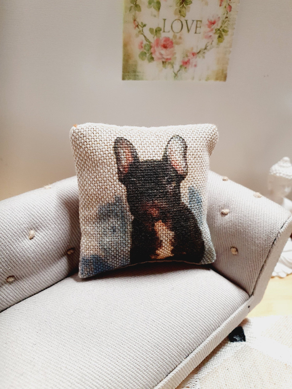 Dolls house French Bulldog Cushion, 12th scale cushions, miniature cushion