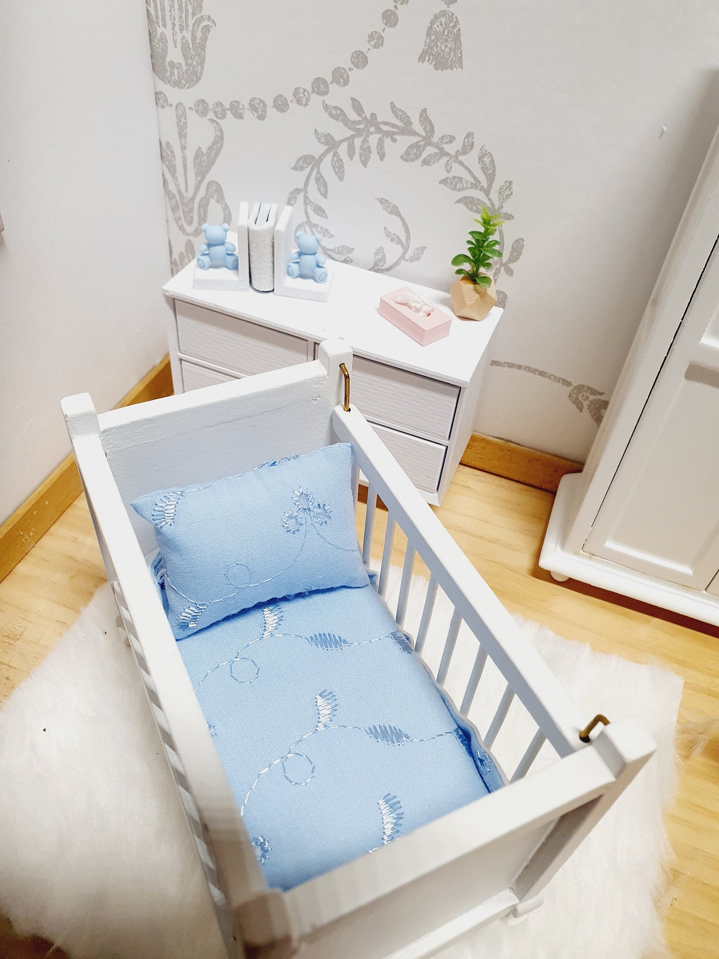Dolls House Crib Bedding – Blue Floral Leaf Design, Handmade in England, 1:12 Scale