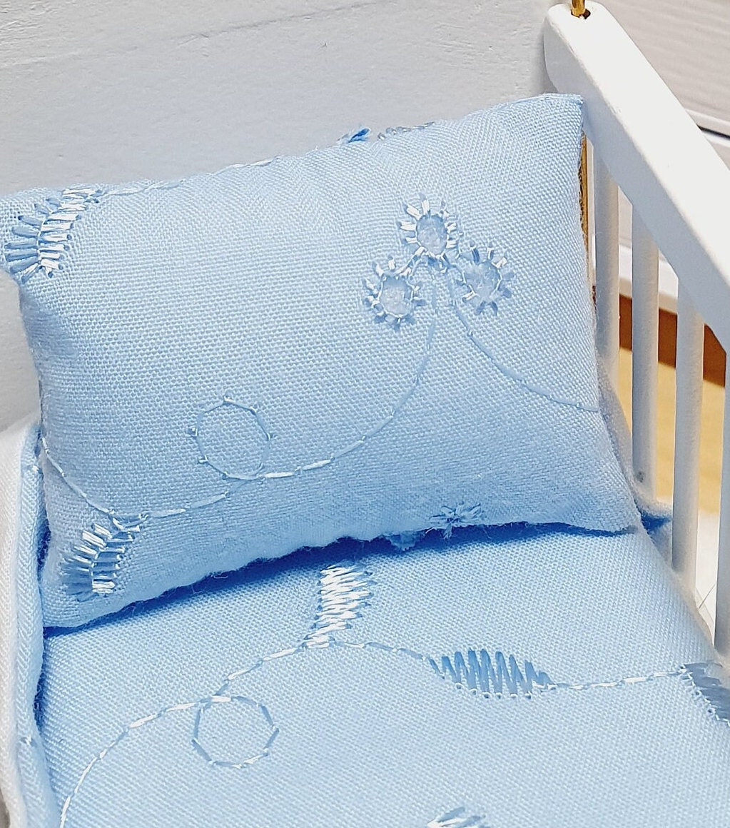 Dolls House Crib Bedding – Blue Floral Leaf Design, Handmade in England, 1:12 Scale