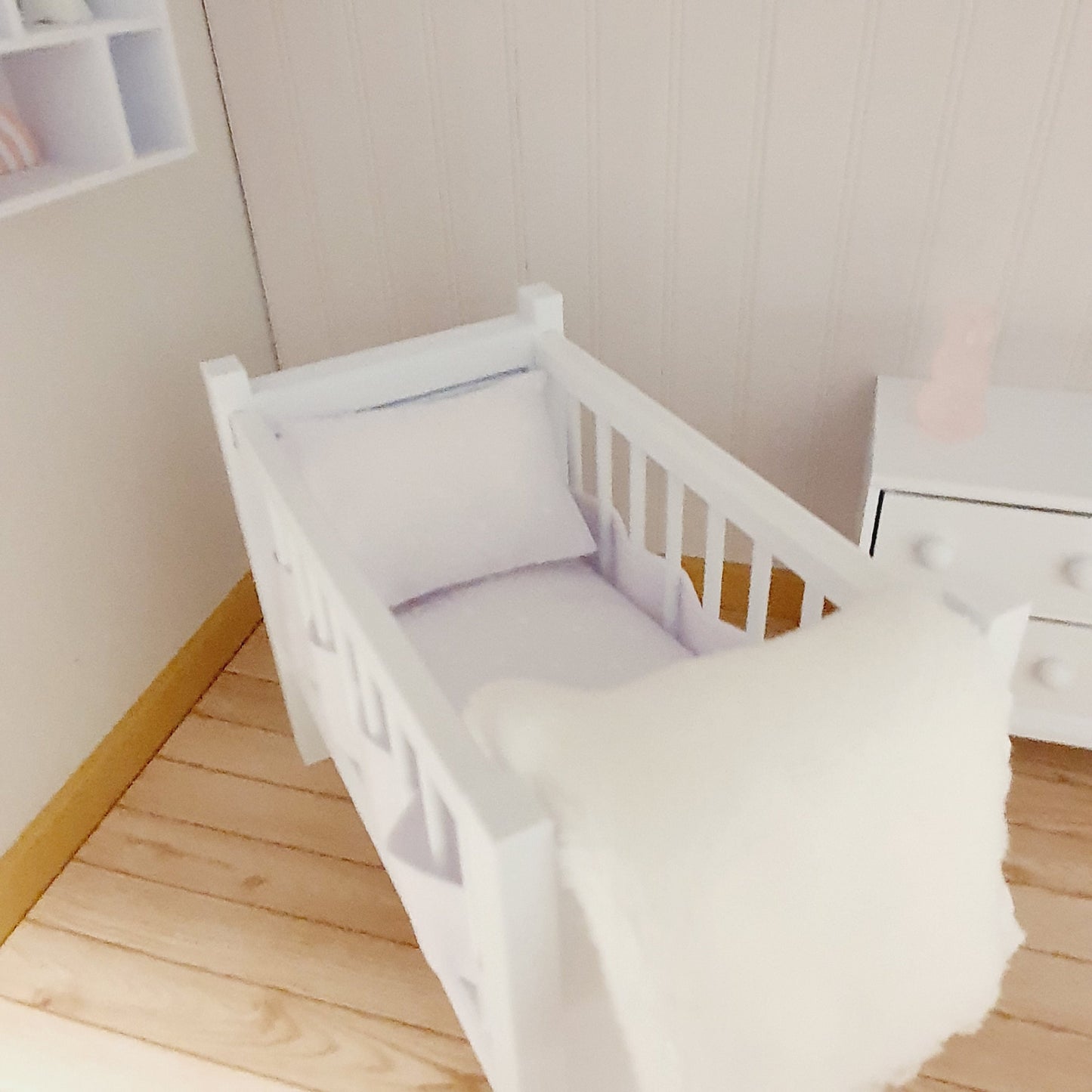 Dolls House Cot Bedding Set – White Polka Dot Design, Handmade in England, 1:12 Scale