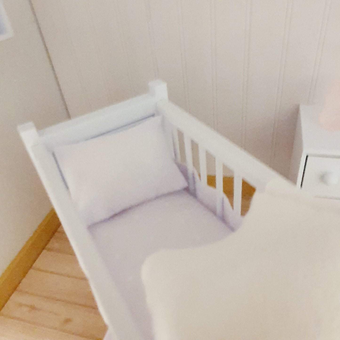 Dolls House Cot Bedding Set – White Polka Dot Design, Handmade in England, 1:12 Scale