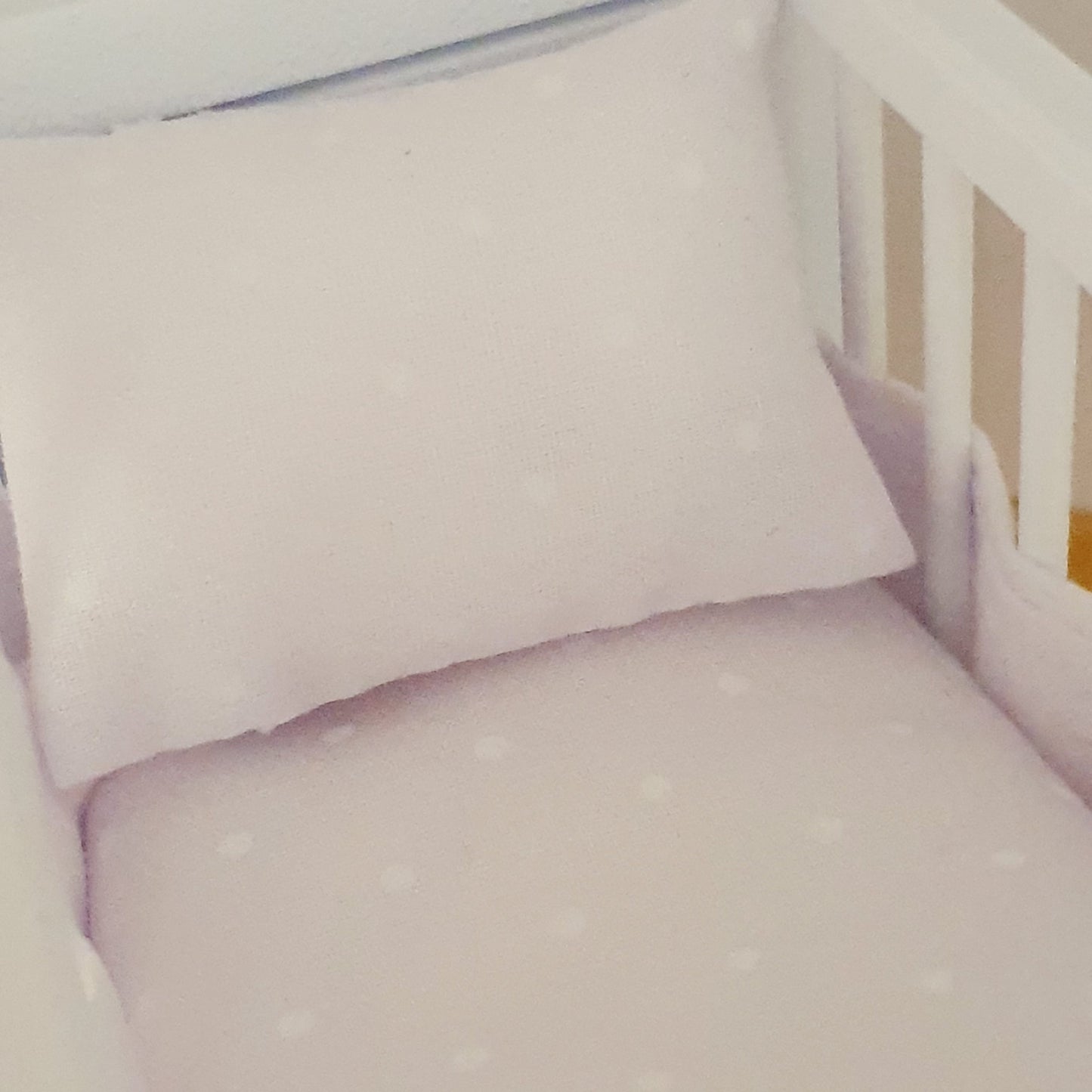 Dolls House Cot Bedding Set – White Polka Dot Design, Handmade in England, 1:12 Scale