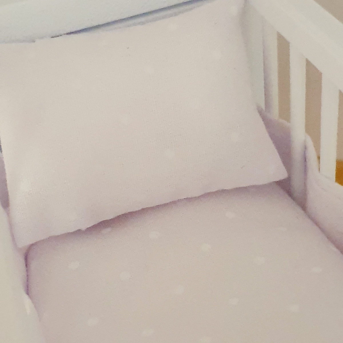 Dolls House Cot Bedding Set – White Polka Dot Design, Handmade in England, 1:12 Scale