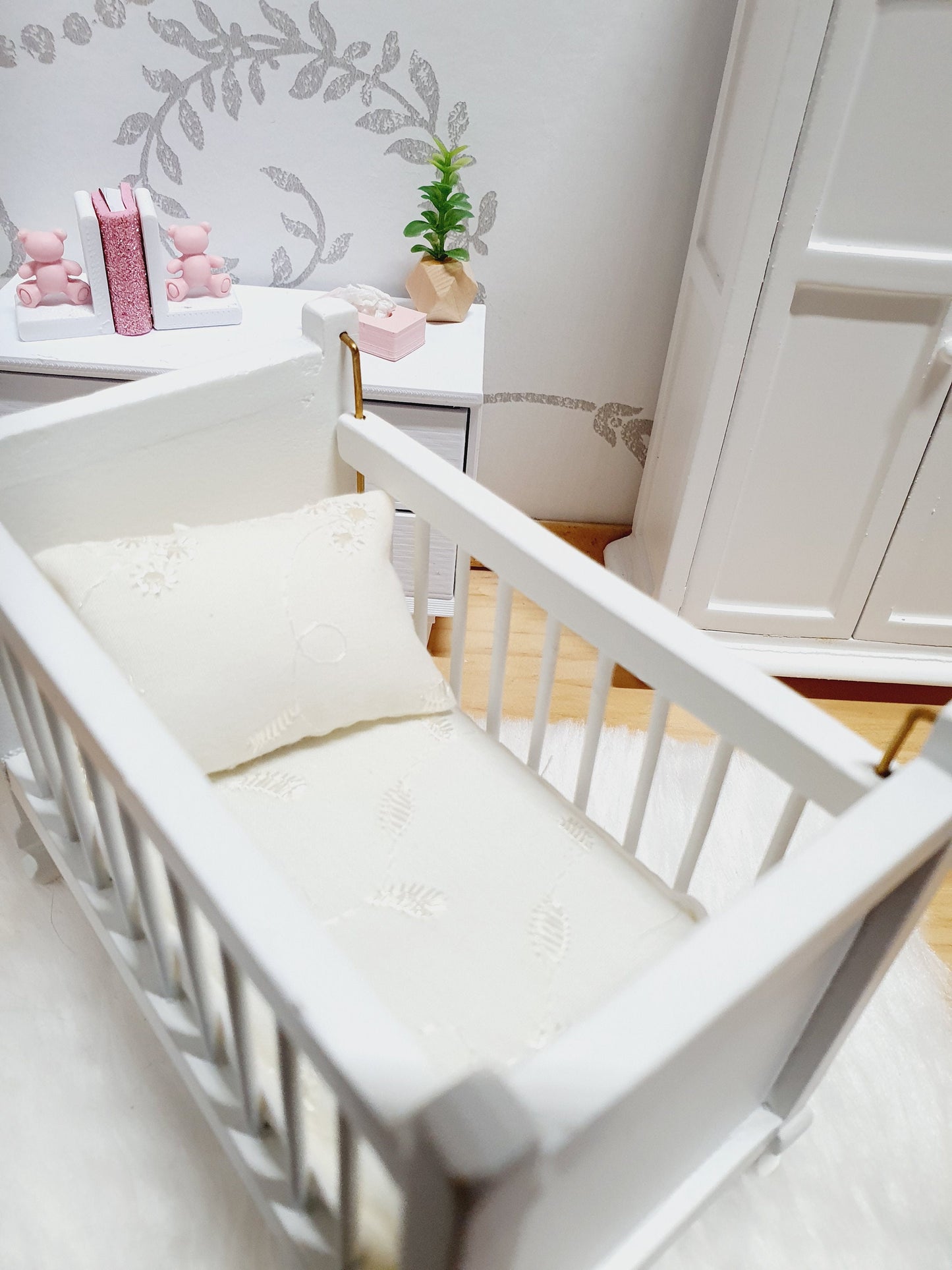 Dolls House Cot Bedding Set – Pale Yellow Raised Floral Design, Handmade in England, 1:12 Scale