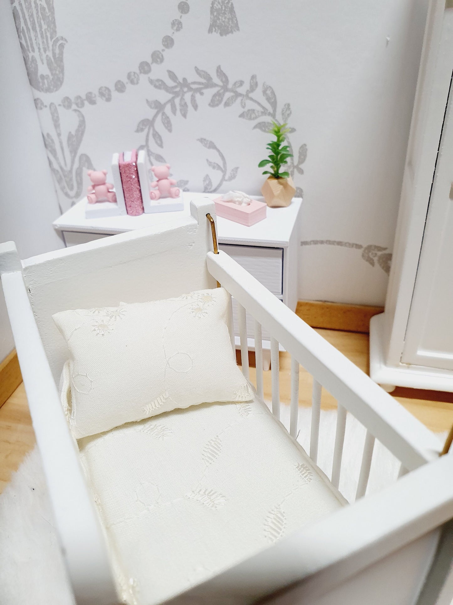 Dolls House Cot Bedding Set – Pale Yellow Raised Floral Design, Handmade in England, 1:12 Scale