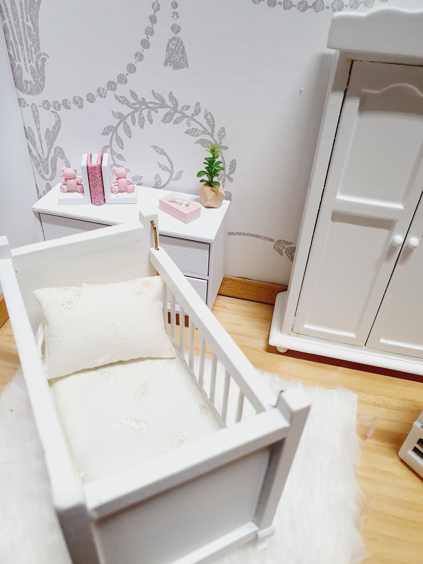 Dolls House Cot Bedding Set – Pale Yellow Raised Floral Design, Handmade in England, 1:12 Scale