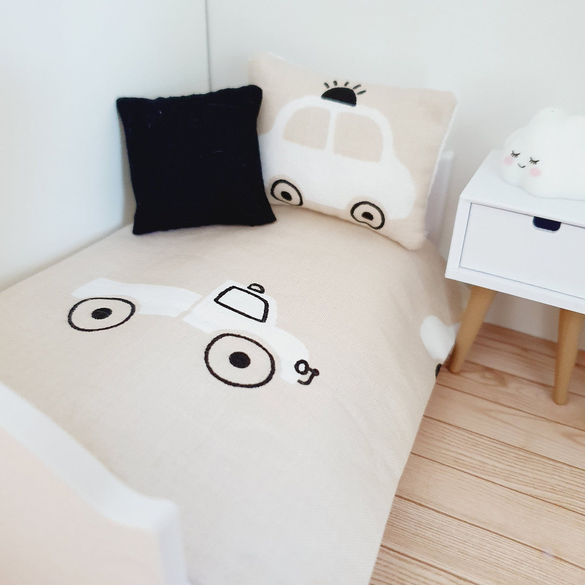 Dolls House Junior Bedding Set – Car Design, Handmade in England, 1:12 Scale