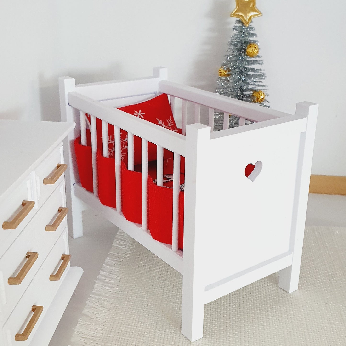 Dolls House Christmas Cot Bedding Set – Cute Snoopy Theme, Handmade in England, 1:12 Scale
