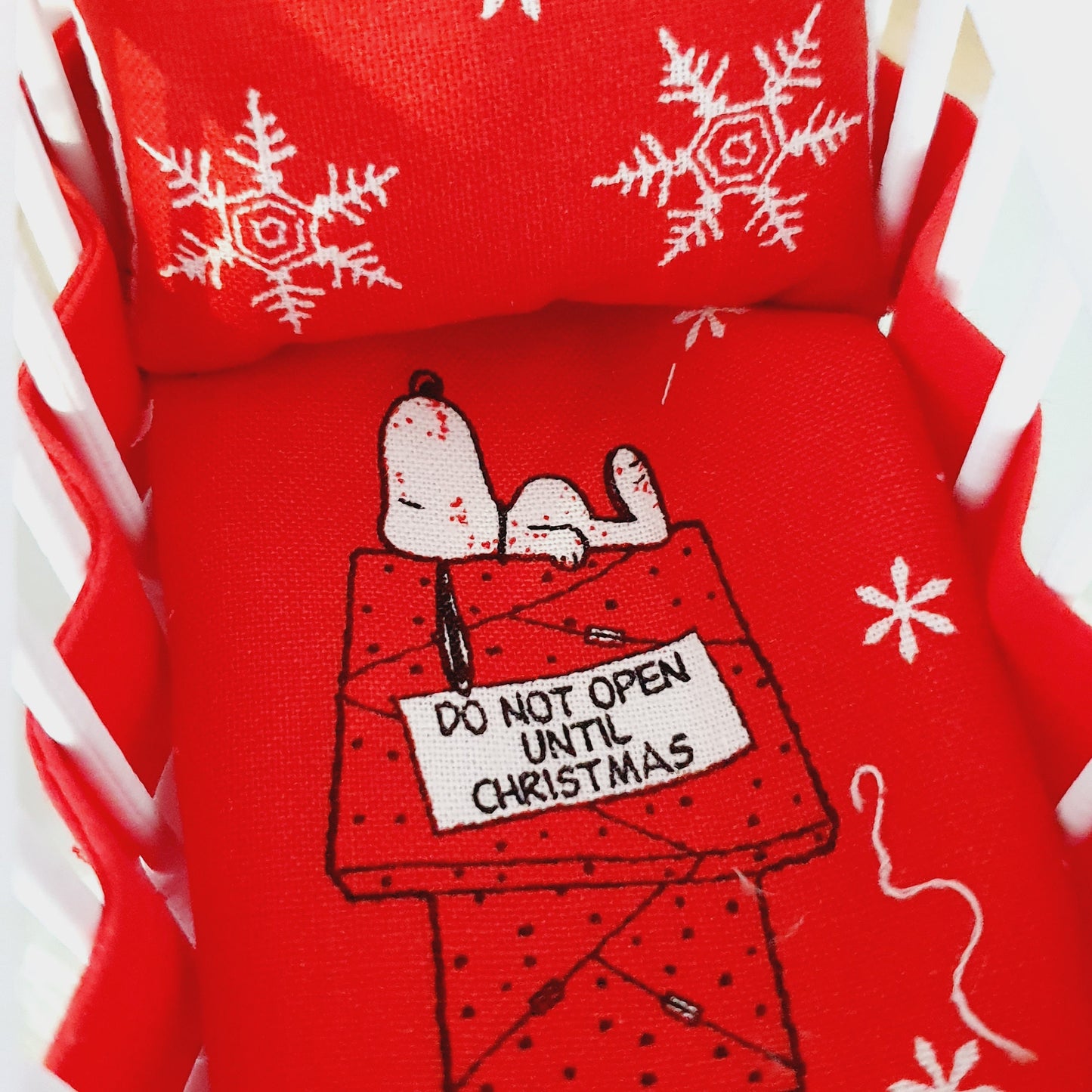 Dolls House Christmas Cot Bedding Set – Cute Snoopy Theme, Handmade in England, 1:12 Scale