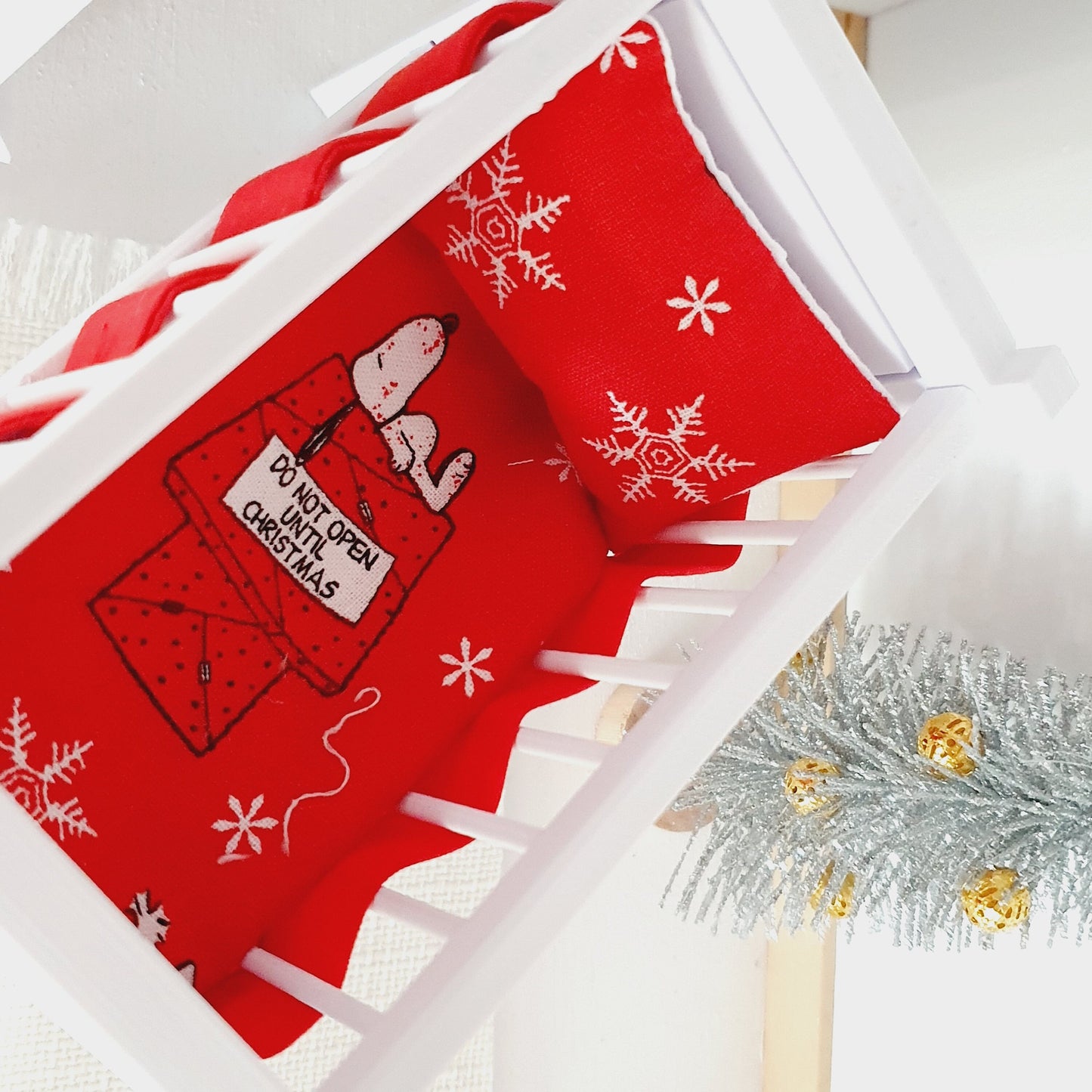 Dolls House Christmas Cot Bedding Set – Cute Snoopy Theme, Handmade in England, 1:12 Scale
