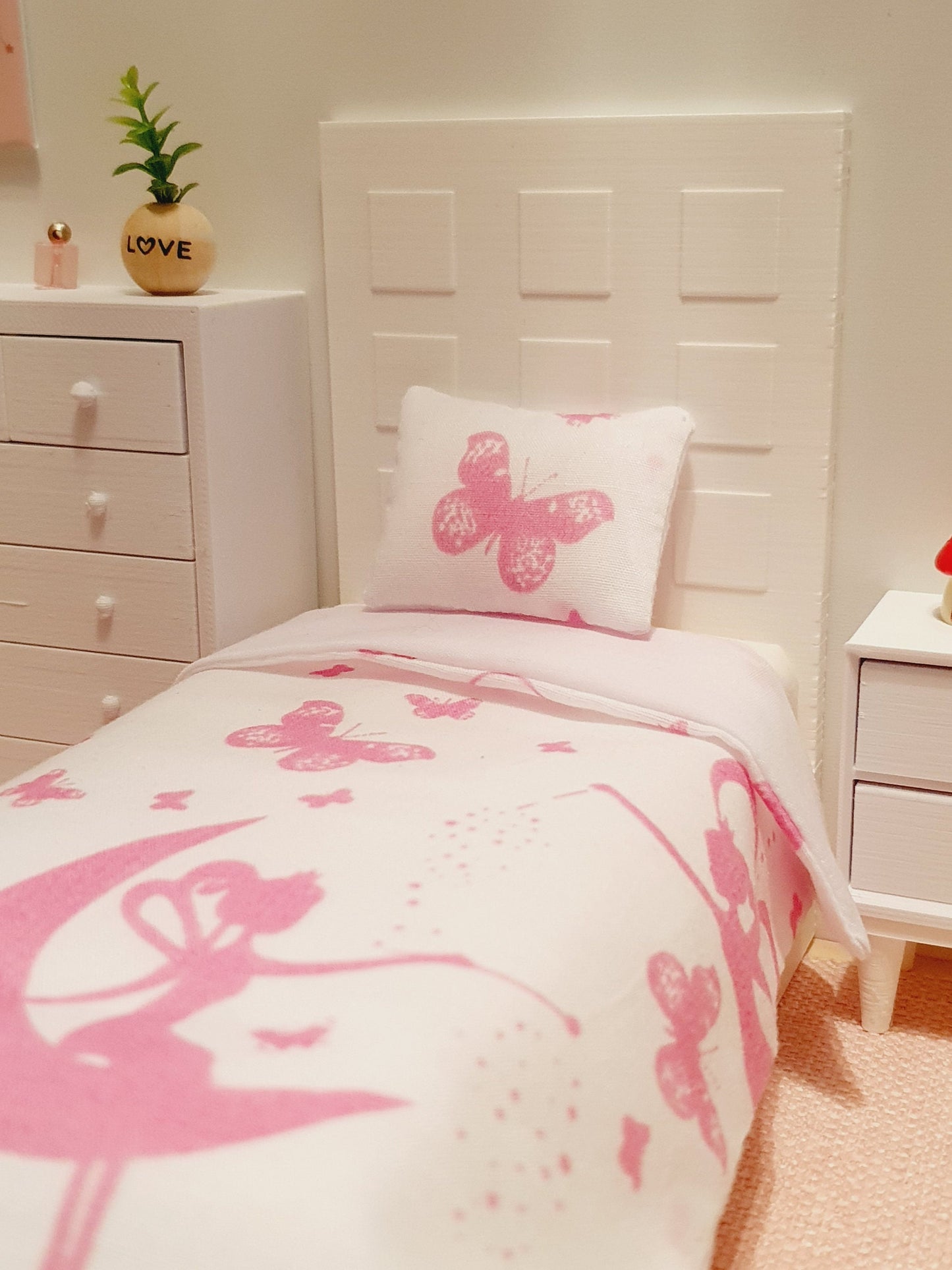 Dolls house Pink Butterfly & Fairy Single 12th Scale Bedding Set, Doll House Girls Room Bedding