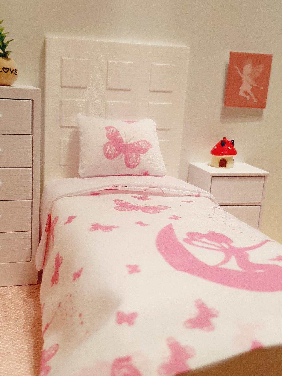 Dolls house Pink Butterfly & Fairy Single 12th Scale Bedding Set, Doll House Girls Room Bedding