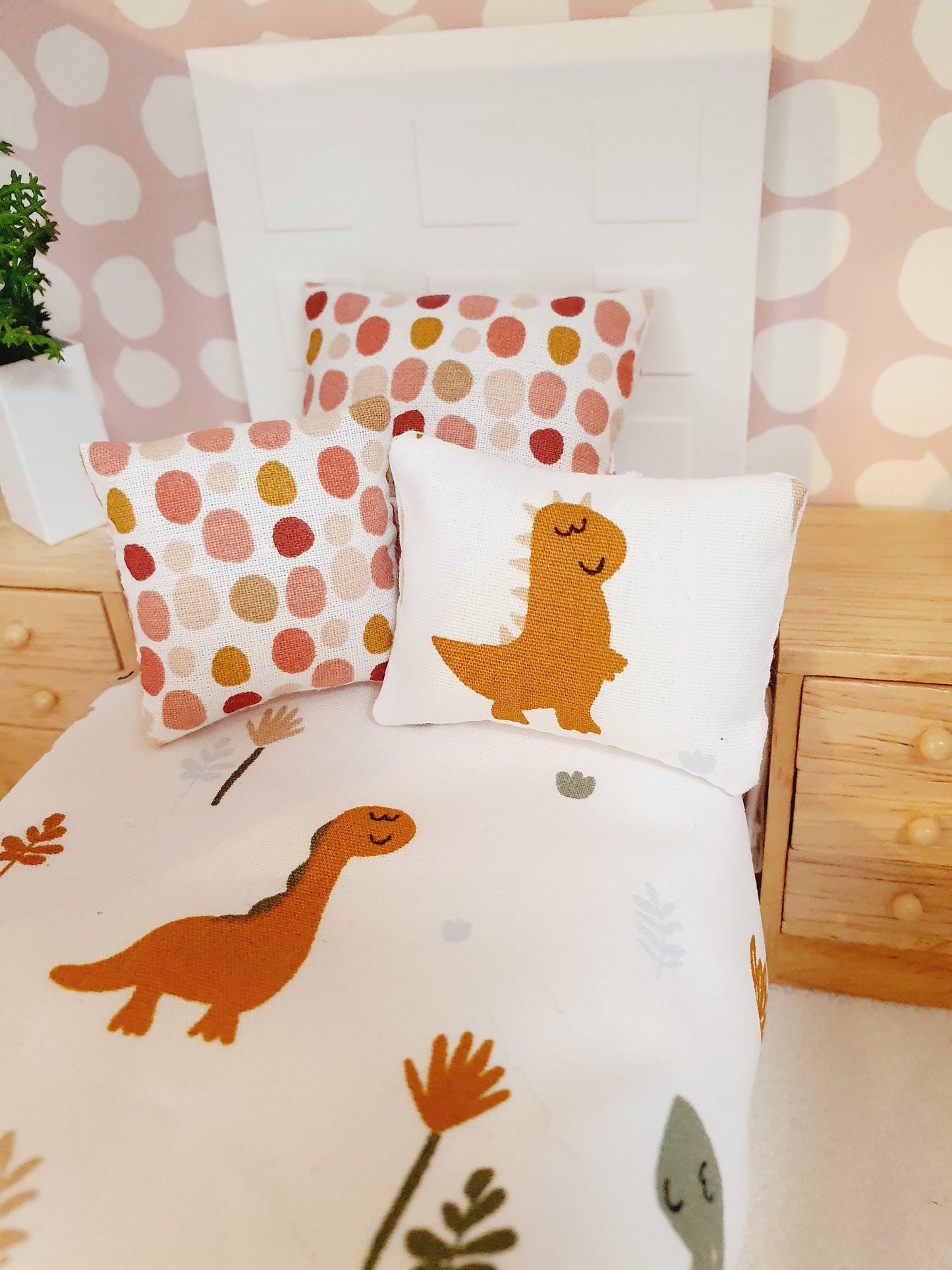 Dolls House Junior Bedding Set – Cute Dinosaur Theme, Handmade in England, 1:12 Scale
