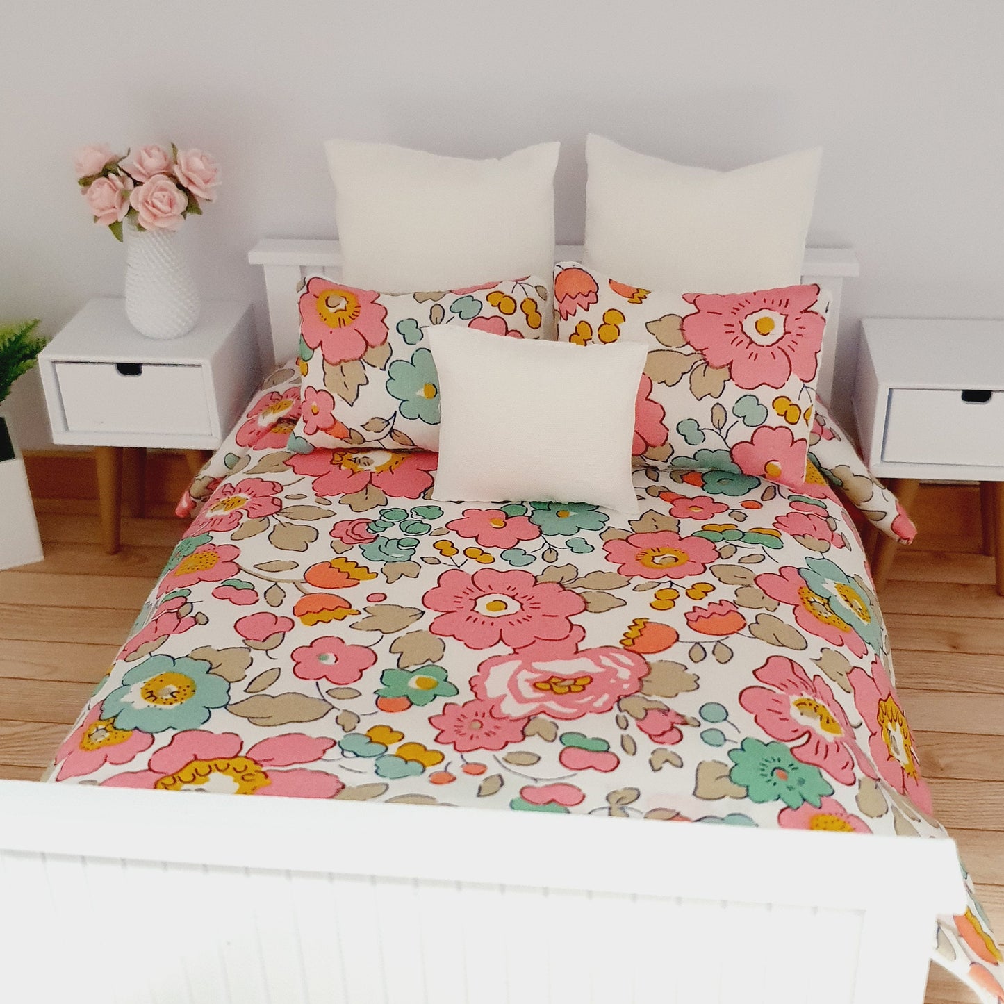 Dolls house 6 piece set, Double bedding, Liberty Betsy Light Pink floral print, 12th scale bedding, miniature bed set