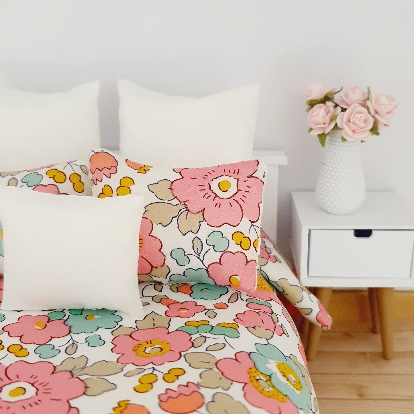 Dolls house 6 piece set, Double bedding, Liberty Betsy Light Pink floral print, 12th scale bedding, miniature bed set