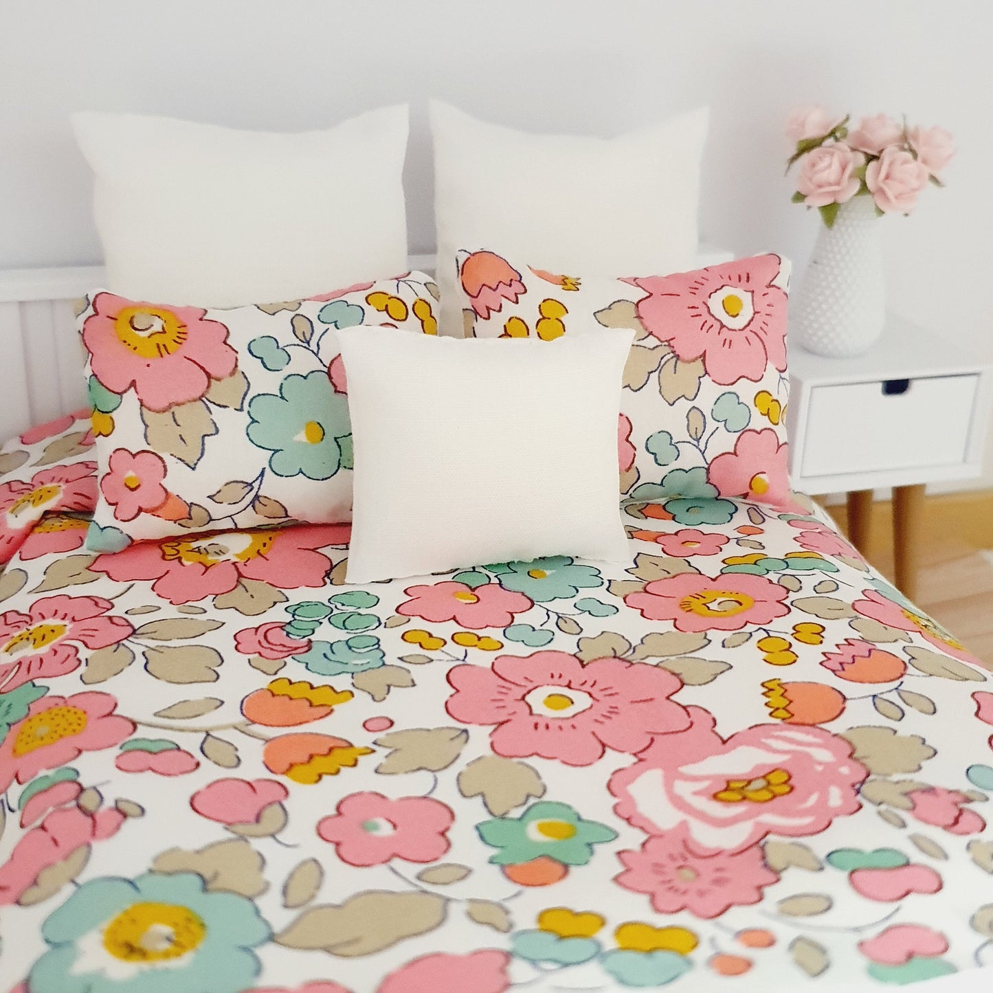 Dolls house 6 piece set, Double bedding, Liberty Betsy Light Pink floral print, 12th scale bedding, miniature bed set